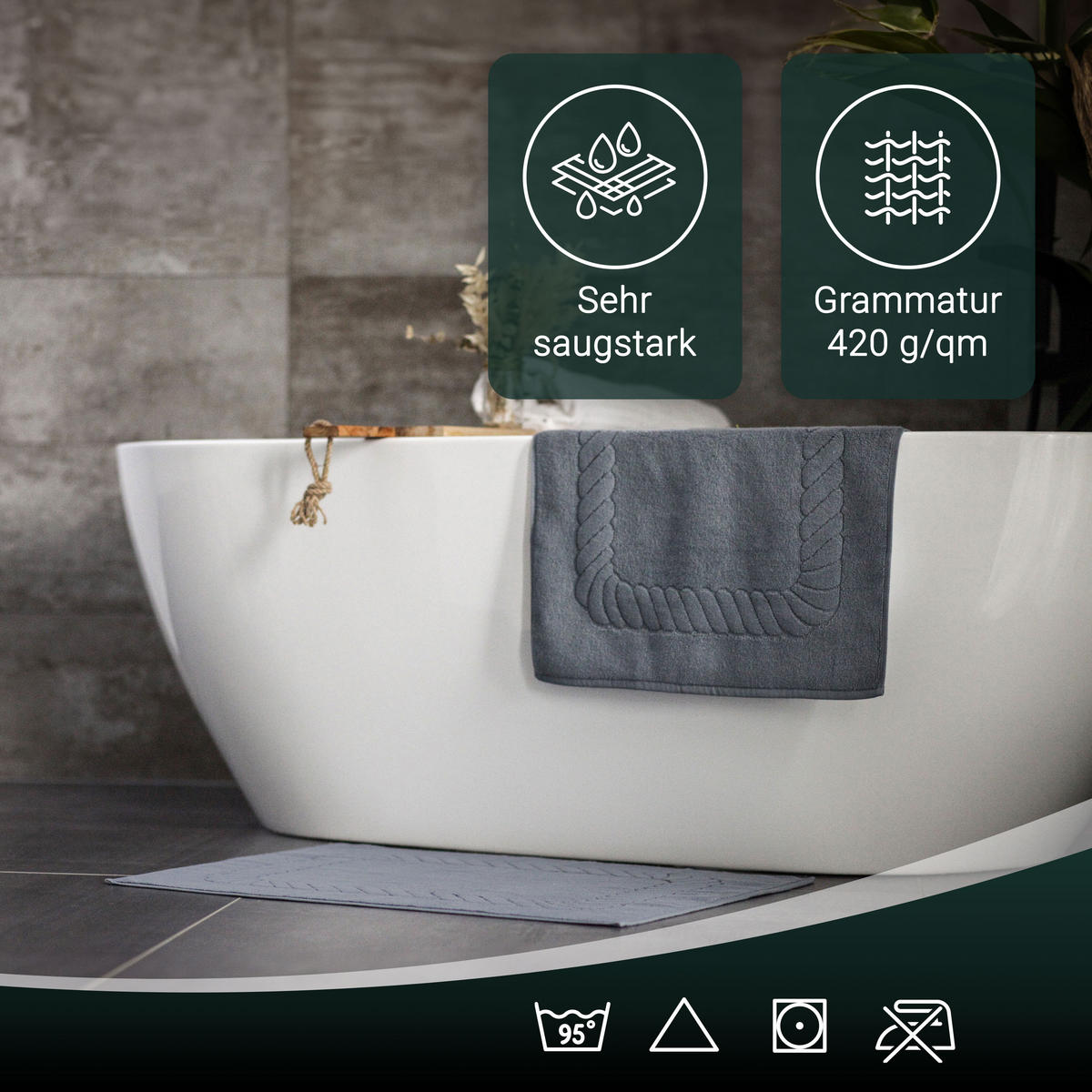 BADEMATTE, 2er-Set, 50x70 cm, 100% Baumwolle, Grau - Grau, Textil (50/70cm) - Zollner