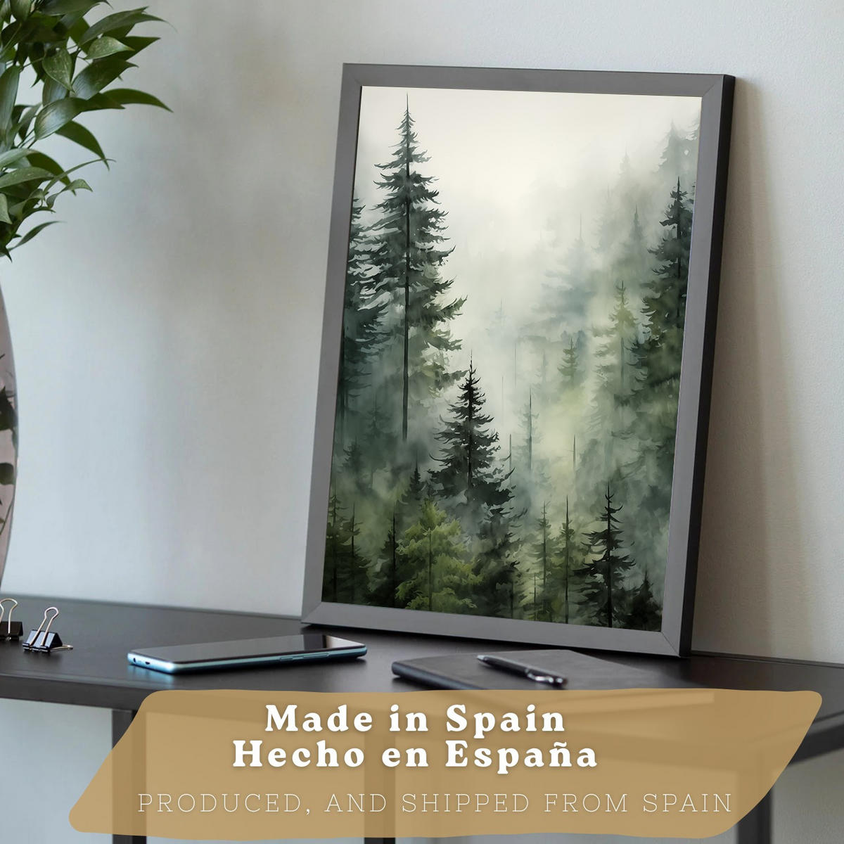 PLAKAT Sada tří dekorativních tisků Nordic Landscape Moderní obývací Obrázky - zelené a hnědé dekorativní plakáty Dekorace Obývací A3 černý rám - černá, papír (29.7/42/3cm) - Nacnic