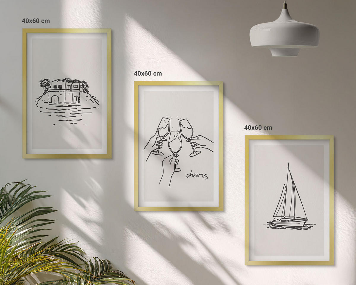 BILDER SET 3er Set - 40x60 cm Goldrahmen - Haus am Wasser, Segelboot-Toast - Goldfarben, Kunststoff (40/60cm) - TULUP