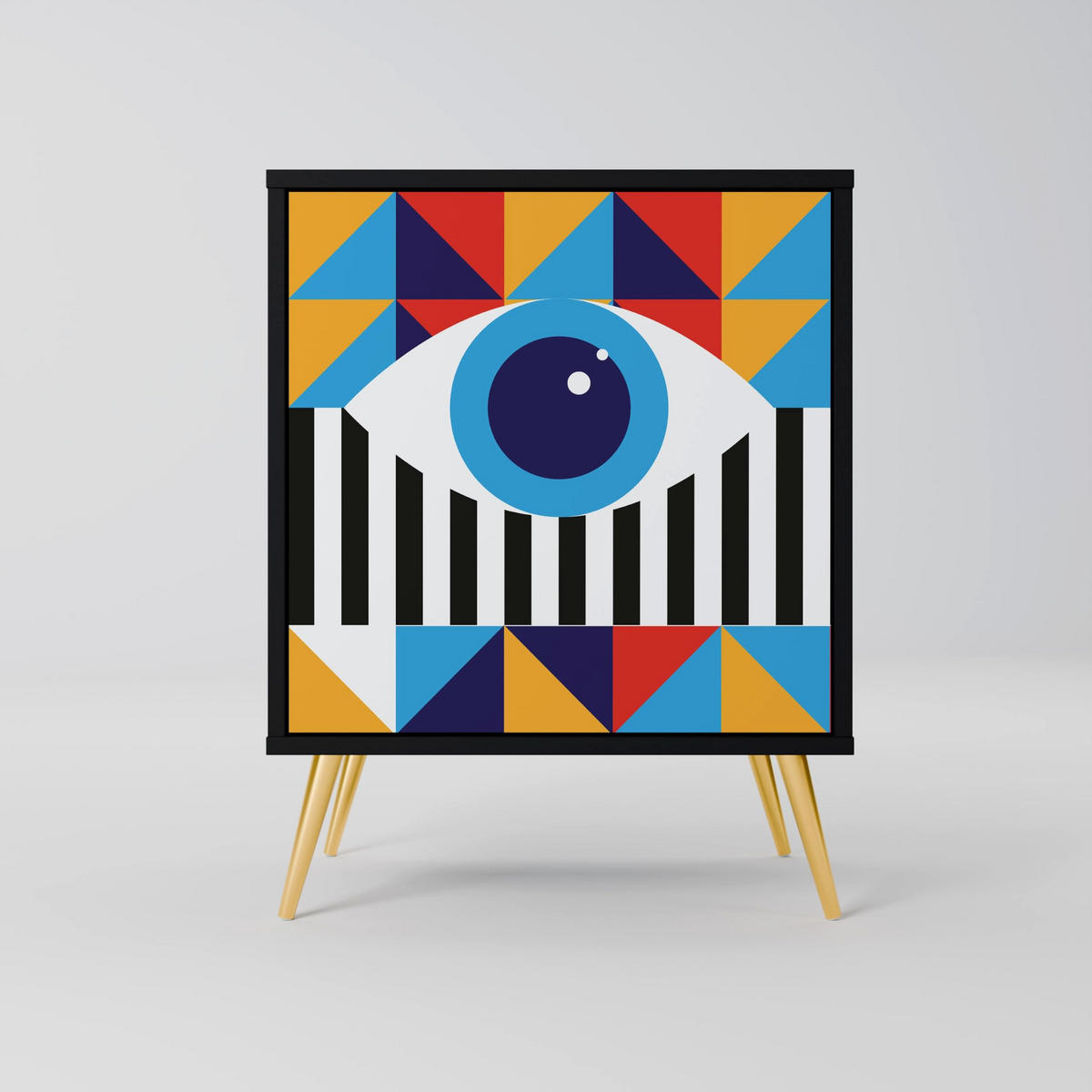 SIDEBOARD ABSTRACTION AND GEOMETRY, Schwarz, 57,5x42x70,5 cm, Schwarze Metall-Sternfüße - Multicolor/Schwarz, Holzwerkstoff/Metall (57.5/70.5/42cm) - SpaceRebels