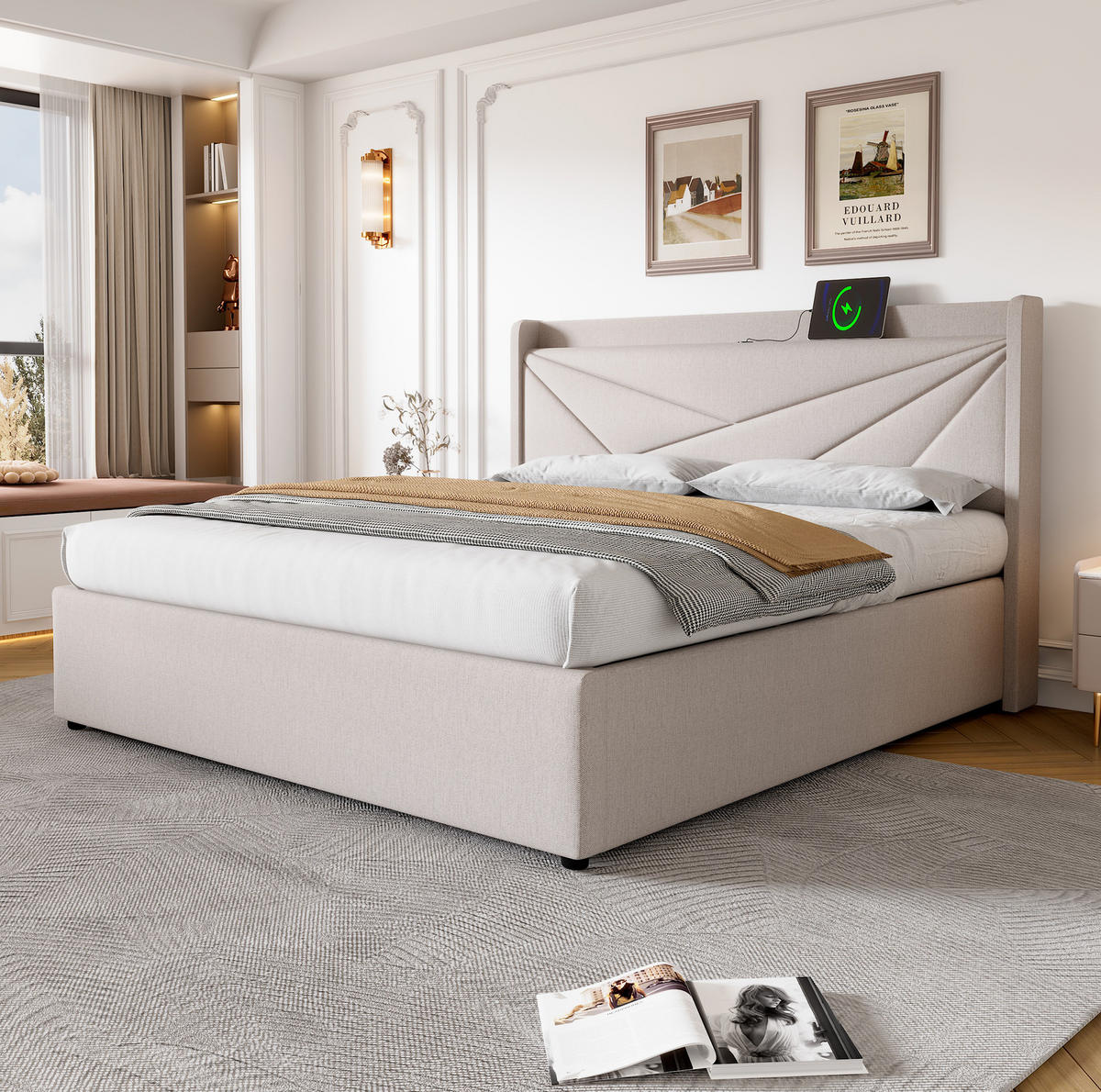 POLSTERBETT mit Bettkasten und USB/Typ-C 140x200 cm Beige inkl. Lattenrost - Beige, Metall (140/200cm) - Meubliv