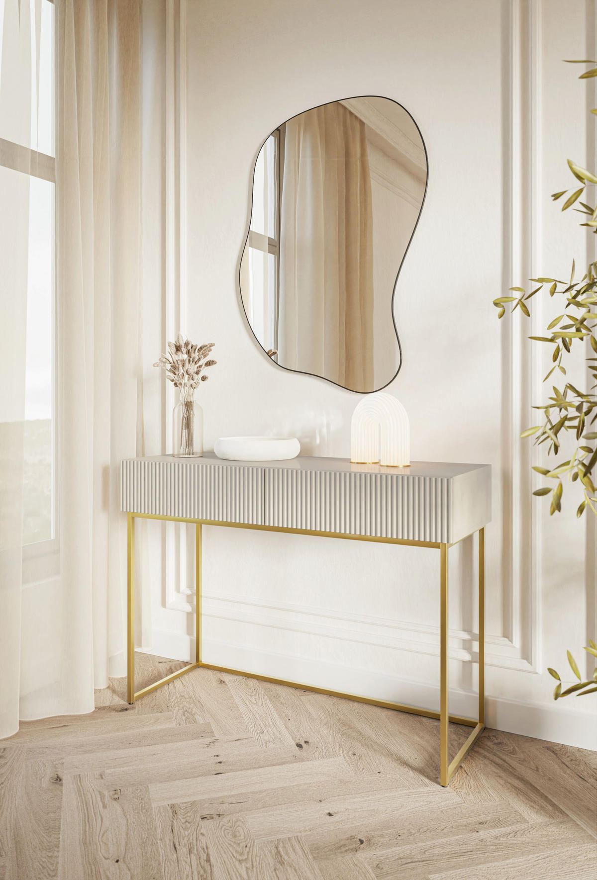 SCHMINKTISCH Veldio mit 2 Schubladen, Greige mit goldenen Beinen, 110 cm - Greige/Goldfarben, Holzwerkstoff/Metall (110/79/40cm) - Selsey