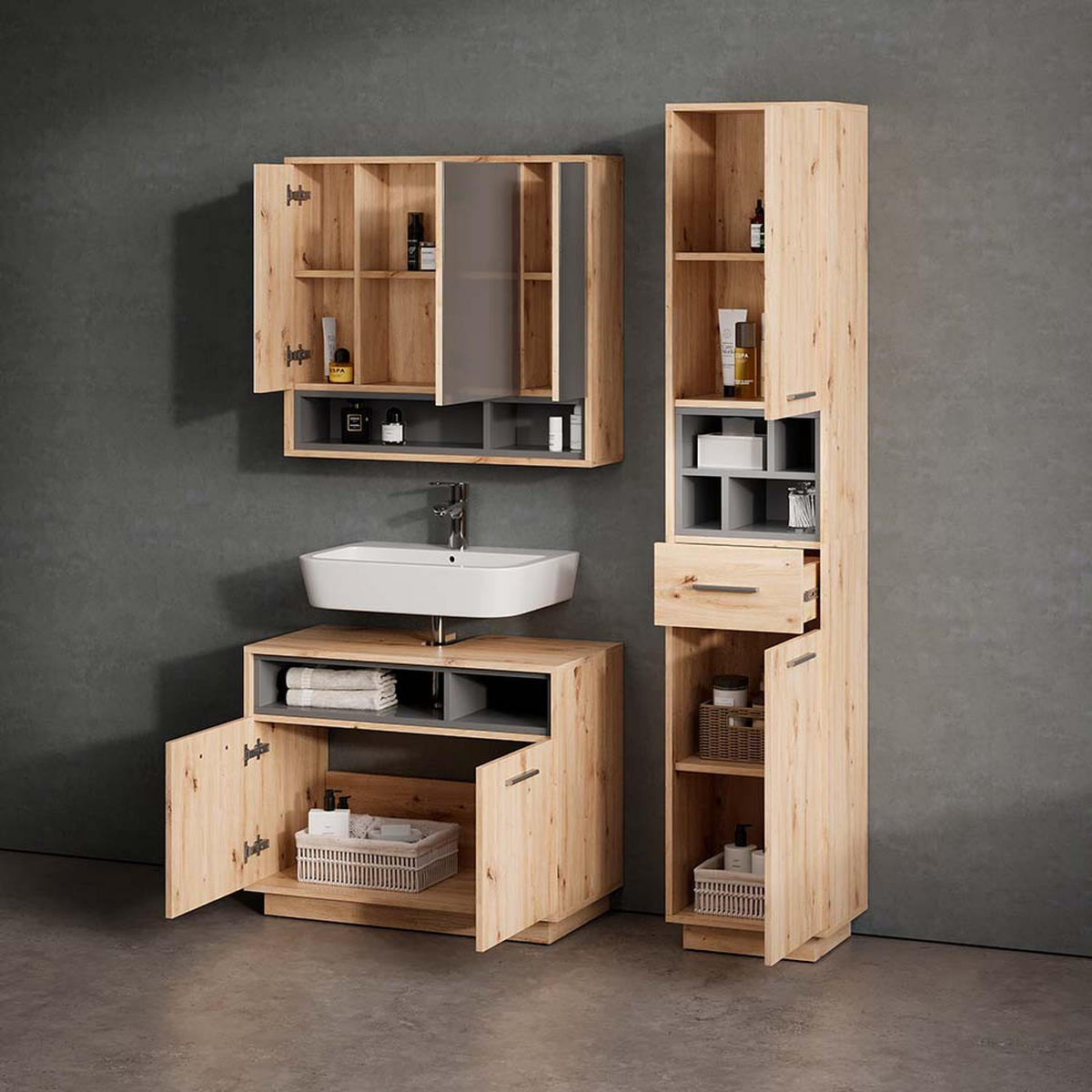 BADSCHRANK Temo Artisan Eiche/Anthrazit 38 x 190 cm mit Türen, Schublade und offenen Fächern - Anthrazit/Eiche Artisan, Holzwerkstoff (38/190/30cm) - Livinity®