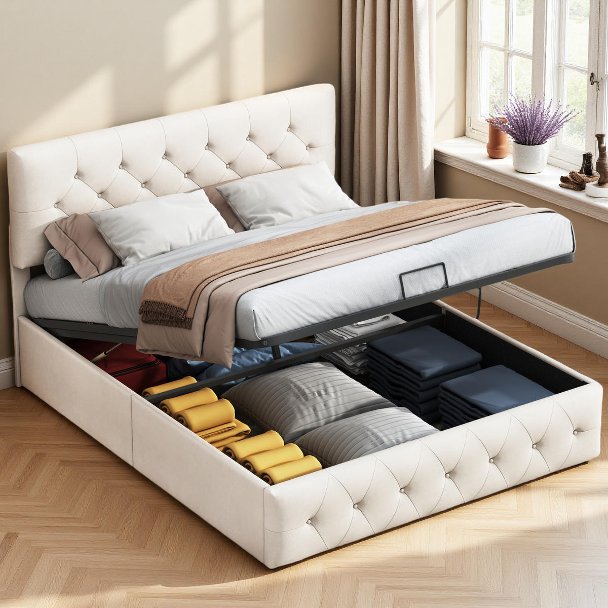 POLSTERBETT 140x200 Aprikose Samt Gasdruckfeder - Beige, Metall (140/200cm) - SHOPENTRA