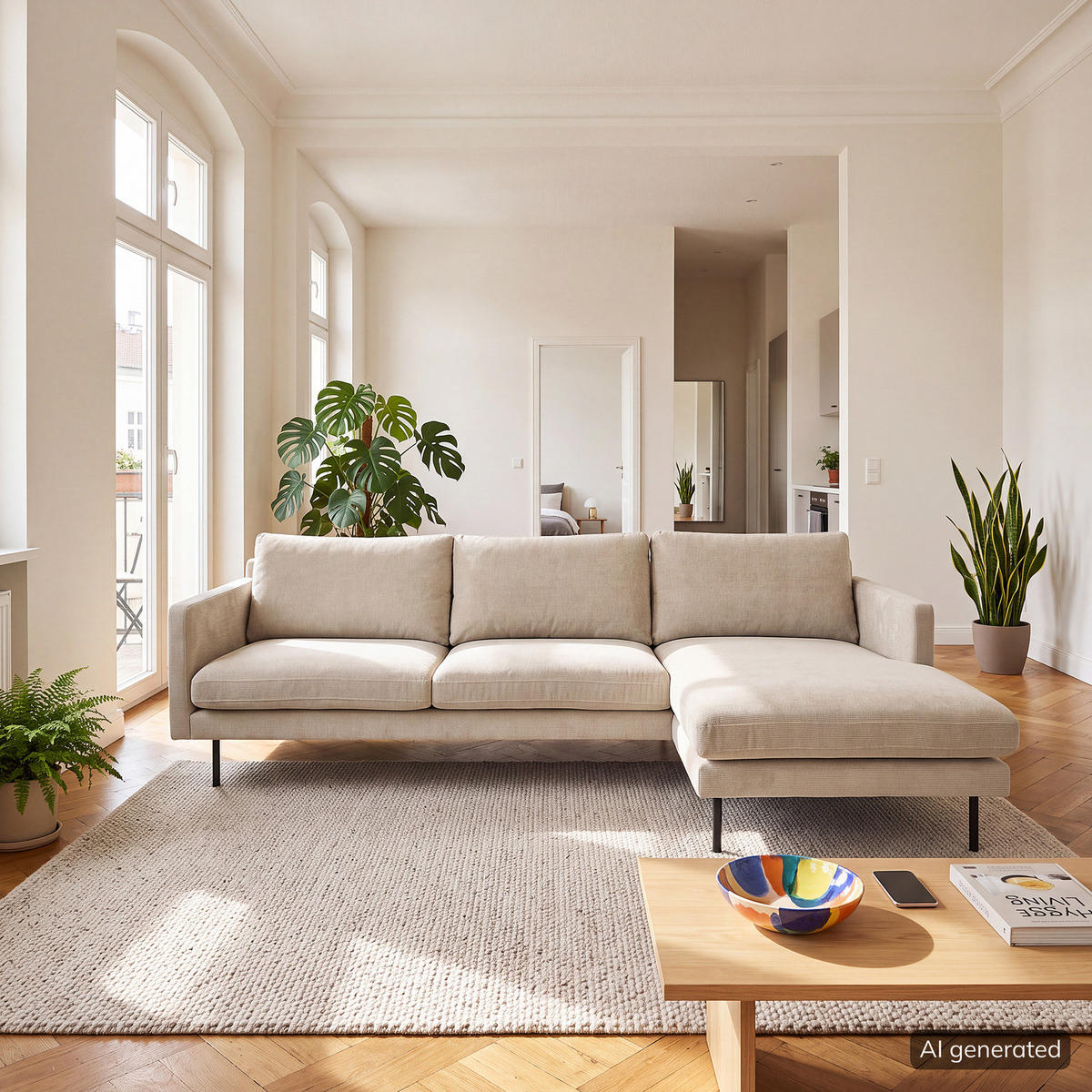 ECKSOFA mit Longchair - Beige/Schwarz, Textil/Metall (262/156cm) - home24