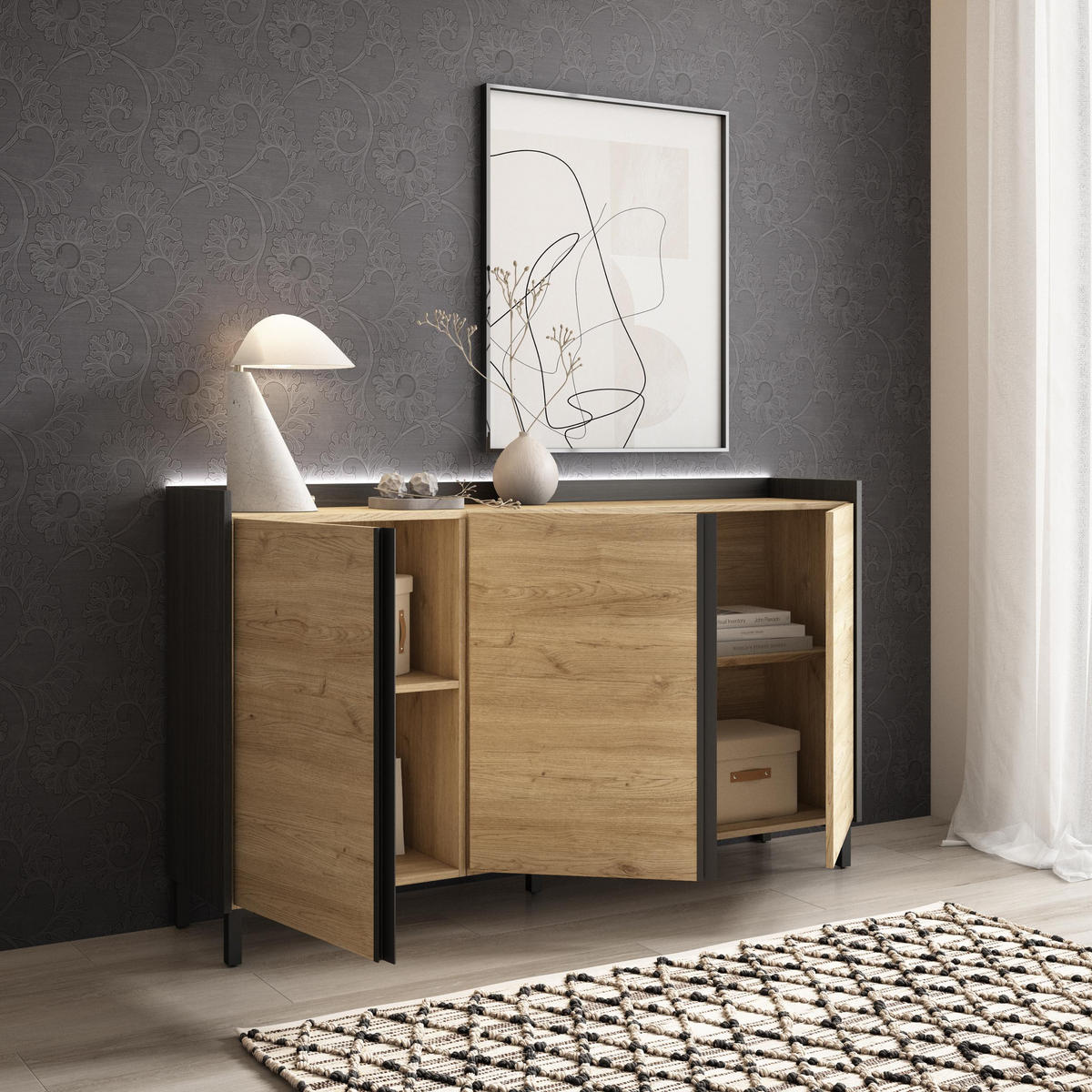 SIDEBOARD, Eiche und Schwarz, 156/35/91cm, mit Beinen - Eichefarben, Holzwerkstoff (156/91/35cm) - Skraut Home
