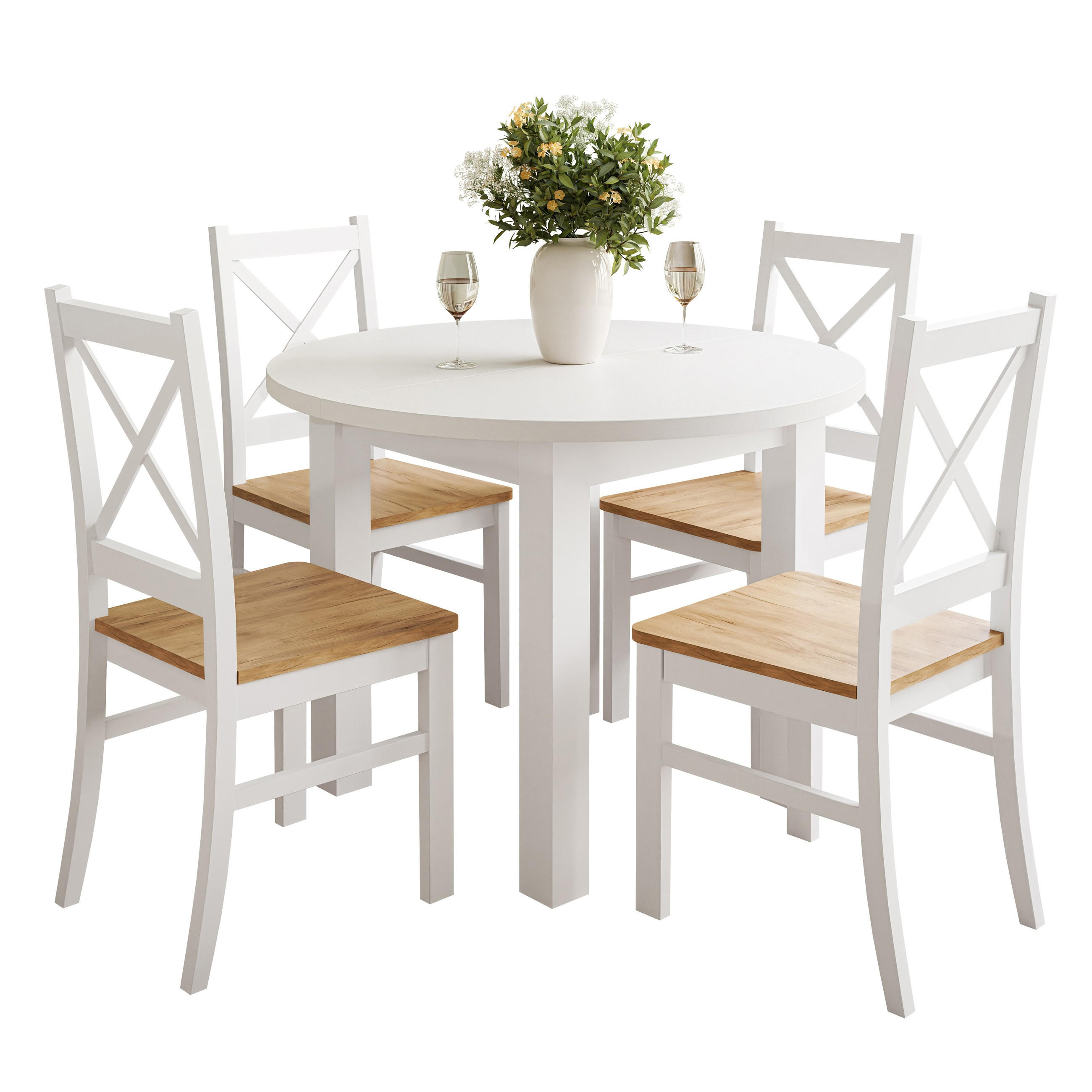 ESSZIMMERSET OLEA Tisch + 4 Stühle - Eichefarben/Weiß, Holzwerkstoff (100/77/100cm) - Lookway