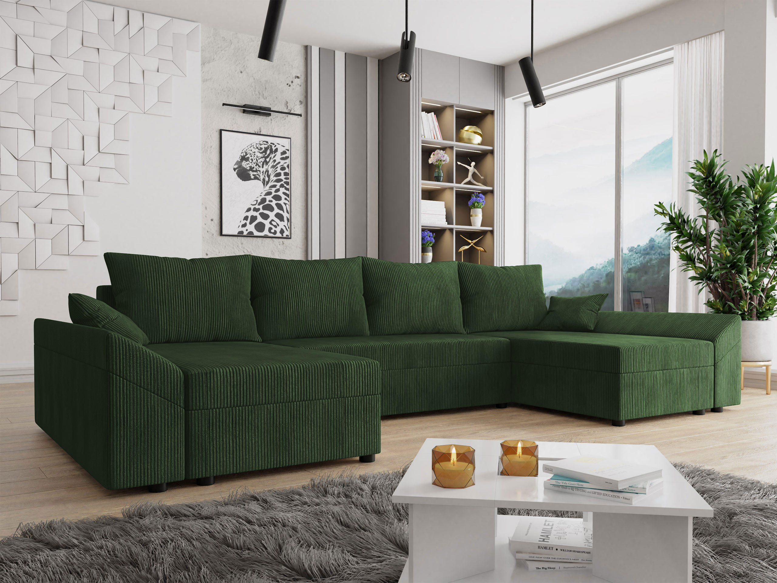 WOHNLANDSCHAFT Dante U Cord - Schwarz/Grün, Holz/Kunststoff (310/82/140cm) - MIRJAN24