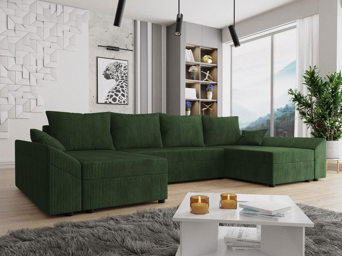 WOHNLANDSCHAFT Dante U Cord - Schwarz/Grün, Holz/Kunststoff (310/82/140cm) - MIRJAN24
