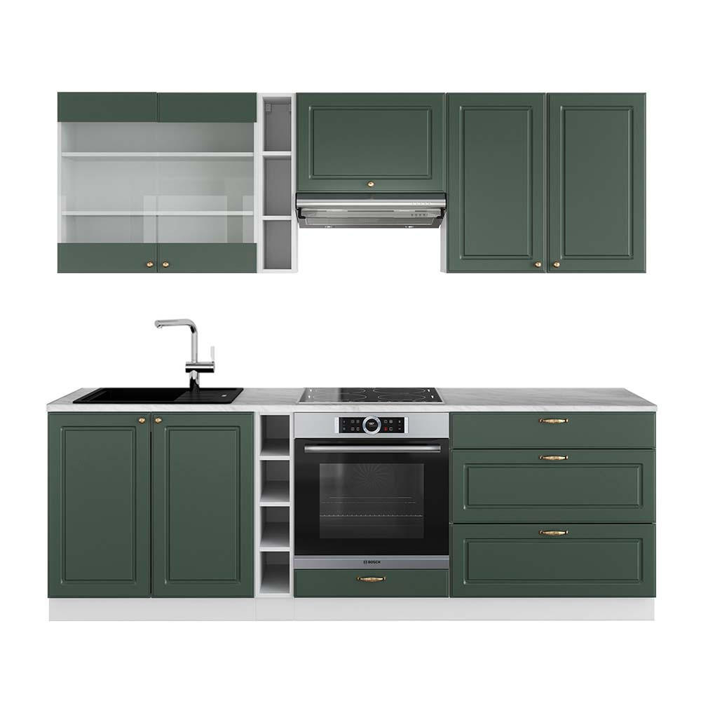 KÜCHENZEILE Fame-Line Grün-Gold Landhaus/Weiß 235 cm, AP Marmor - Weiß/Grün, Holzwerkstoff (235/81.6/60cm) - Vicco