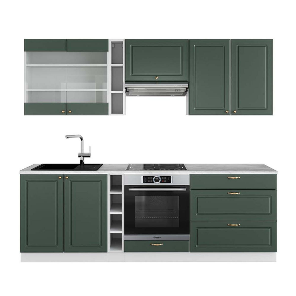 KÜCHENZEILE Fame-Line Grün-Gold Landhaus/Weiß 235 cm, AP Marmor - Weiß/Grün, Holzwerkstoff (235/81.6/60cm) - Vicco