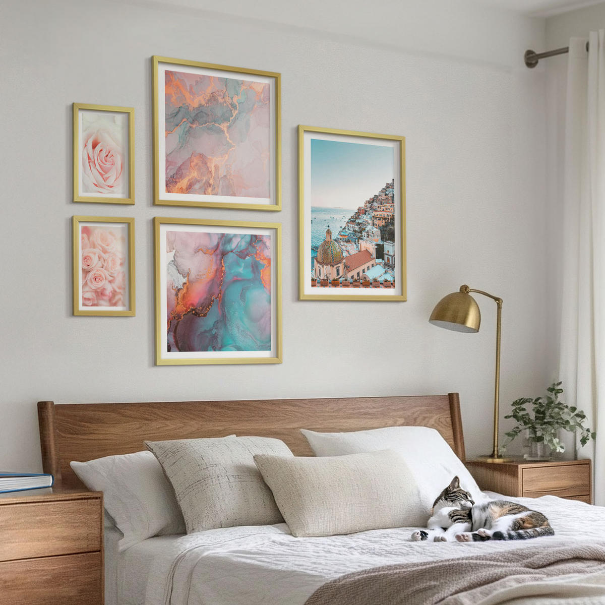BILDER SET 5er Set - 50x50 cm & 20x30 cm & 40x60 cm Goldrahmen - Abstrakte Pastellmuster - Goldfarben, Kunststoff (40/60cm) - TULUP