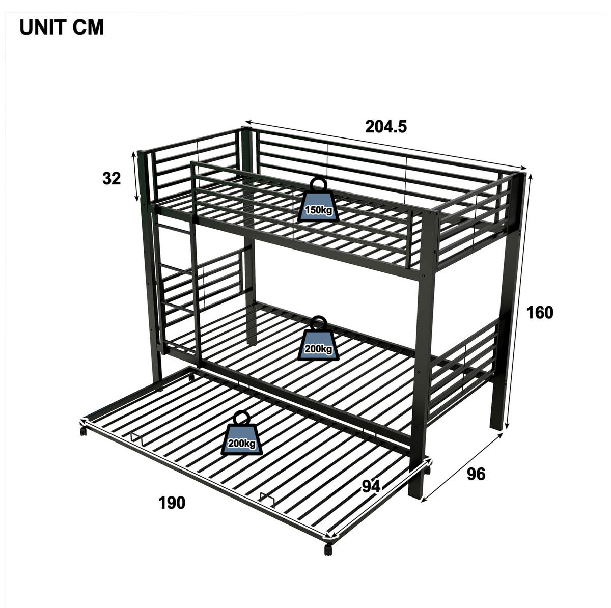 ETAGENBETT Metall 90x200 cm Schwarz mit Ausziehbett platzsparendes Kinderbett für 3 Personen - Schwarz, Metall (90/200cm) - Modfu