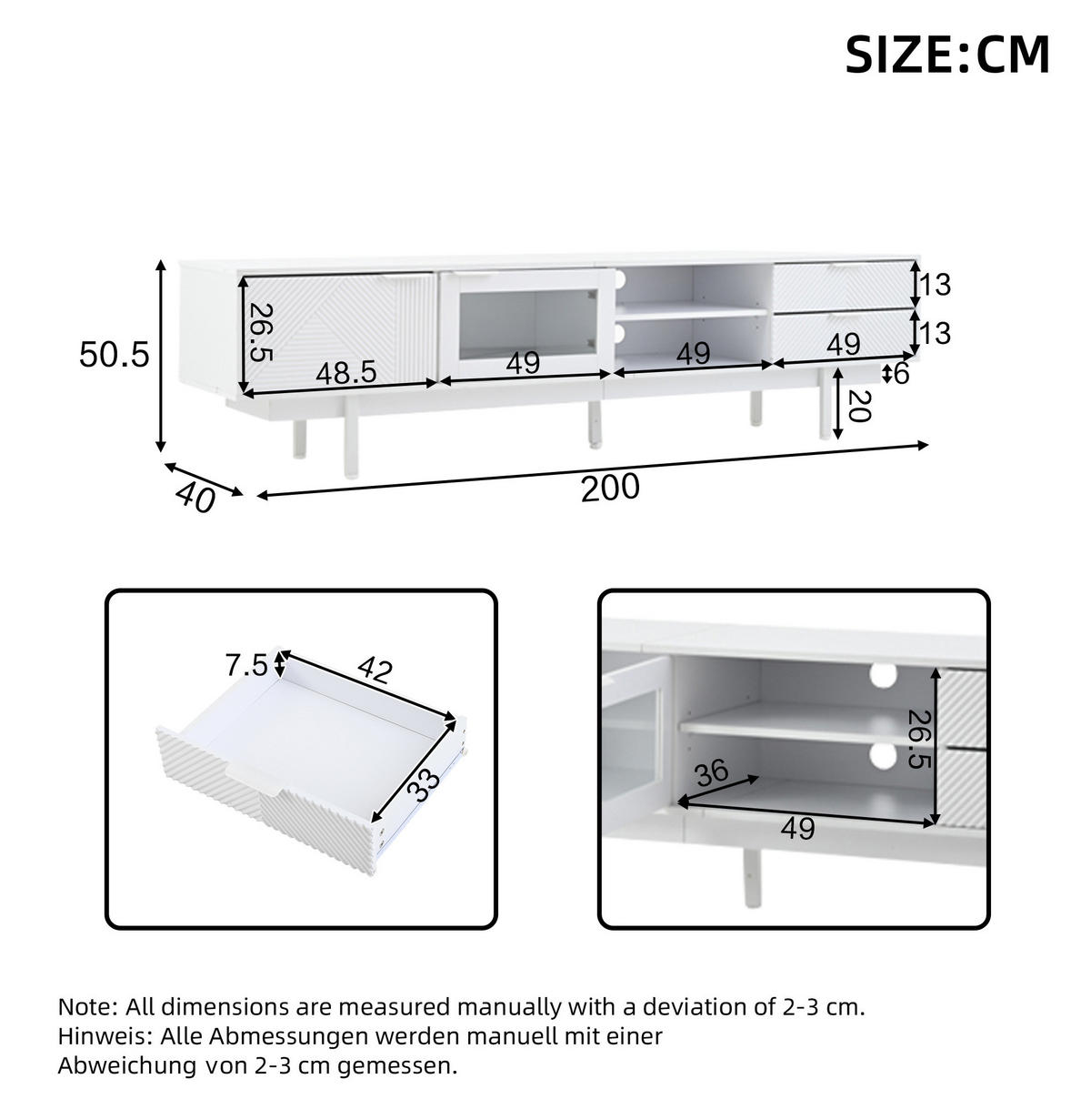 TV-ELEMENT mit 2 Türen und 2 Schubladen 200 x 40 x 50,5 cm Weiß - Weiß, Holzwerkstoff (40/50.5/200cm) - Beauniv