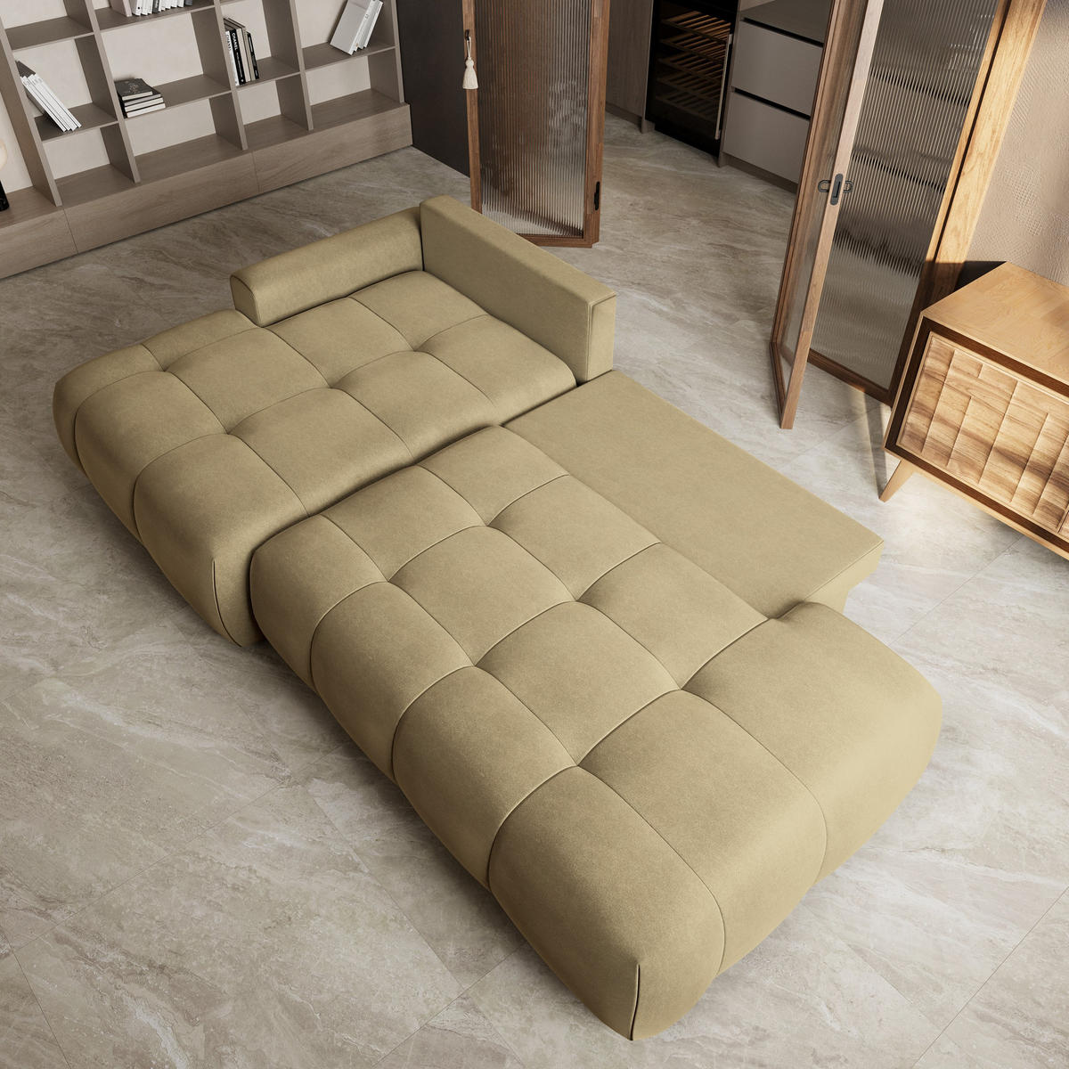 ECKSOFA FLUMA CL L-S Senfgelb Samtstoff mit Schlaffunktion - Currygelb, Holzwerkstoff/Textil (279/158cm) - MASSENO
