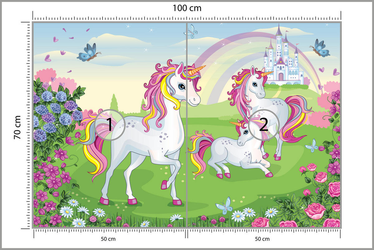 FOTOTAPETE für Kinderzimmer Einhorn Schloss Blumen Märchen 100x70 - Gelb/Violett, Papier (100/70cm) - Muralo