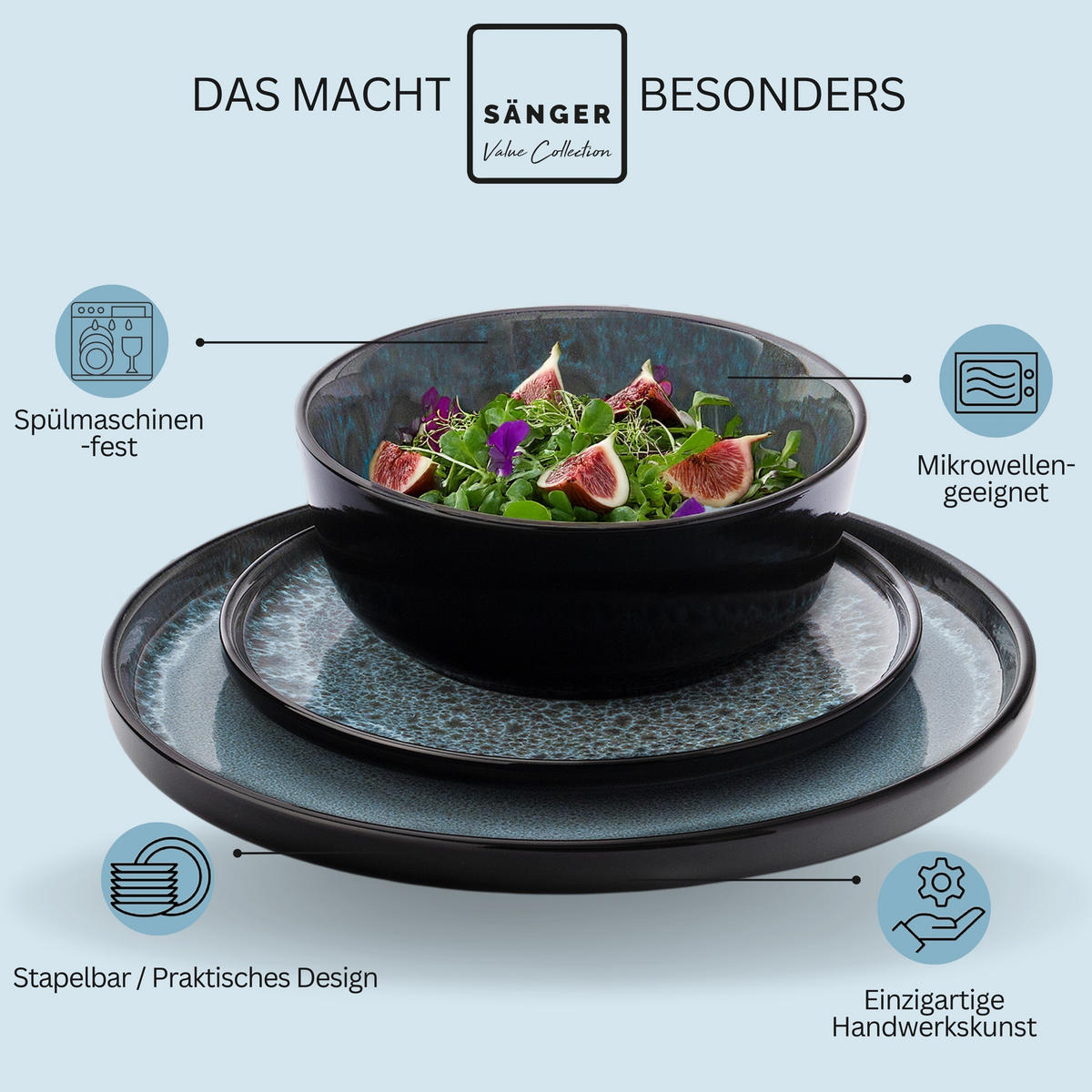 TAFELSERVICE MANILA - 36 teilig aus Steingut 12 Personen - Dunkelblau, Stein (50/30/80cm) - Sänger