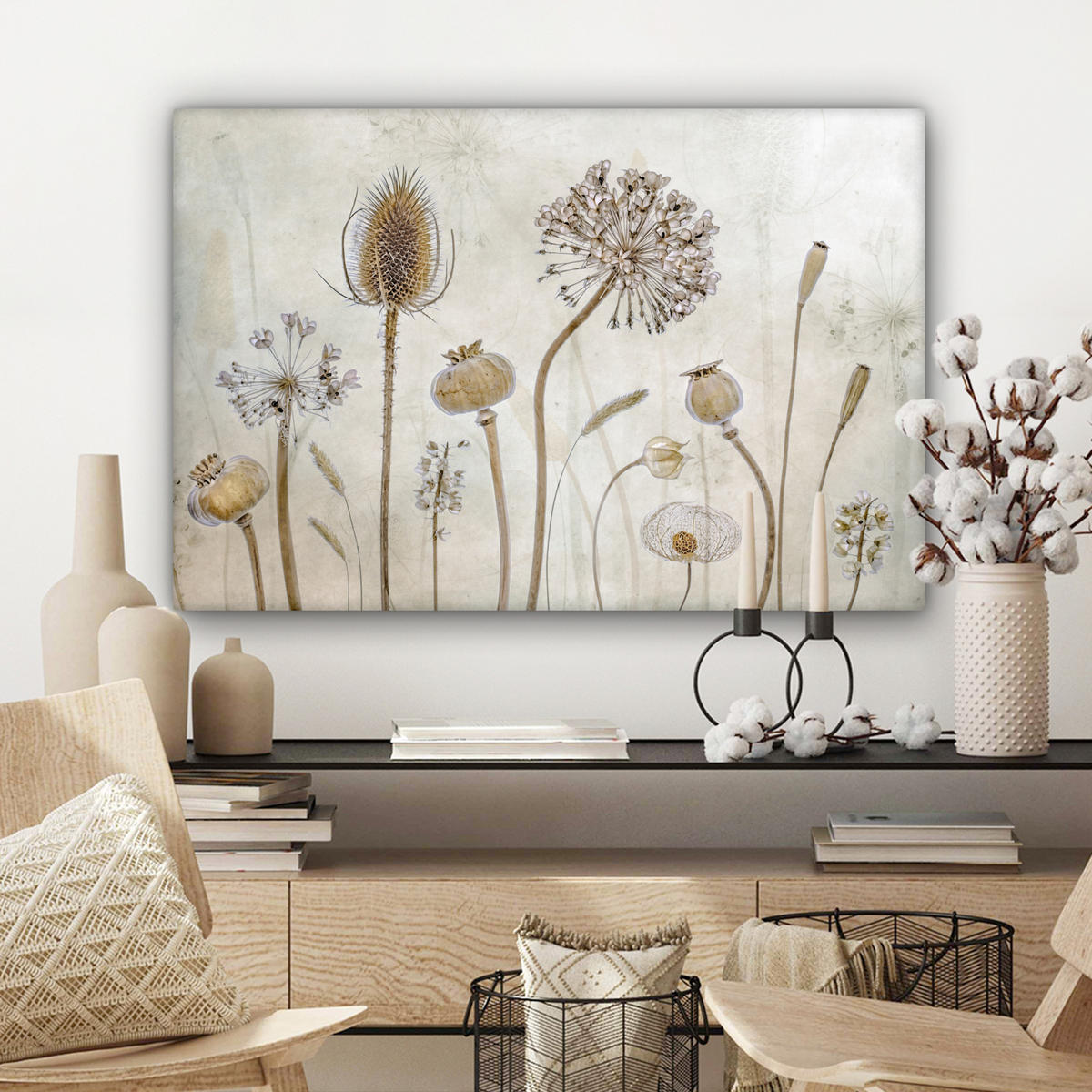 LEINWANDBILD Blumen - Aquarell - Stilleben - Braun - Vintage Wanddeko 90x60 cm - Beige, Textil (90/60cm) - MuchoWow