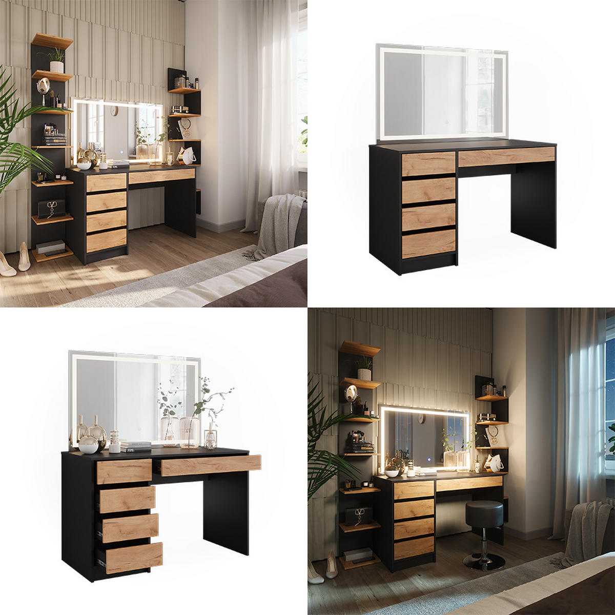 SCHMINKTISCH Sherry Anthrazit/Goldkraft Eiche 120 x 75 cm mit LED-Spiegel - Honigeiche/Anthrazit, Holzwerkstoff (120/75/55cm) - Vicco