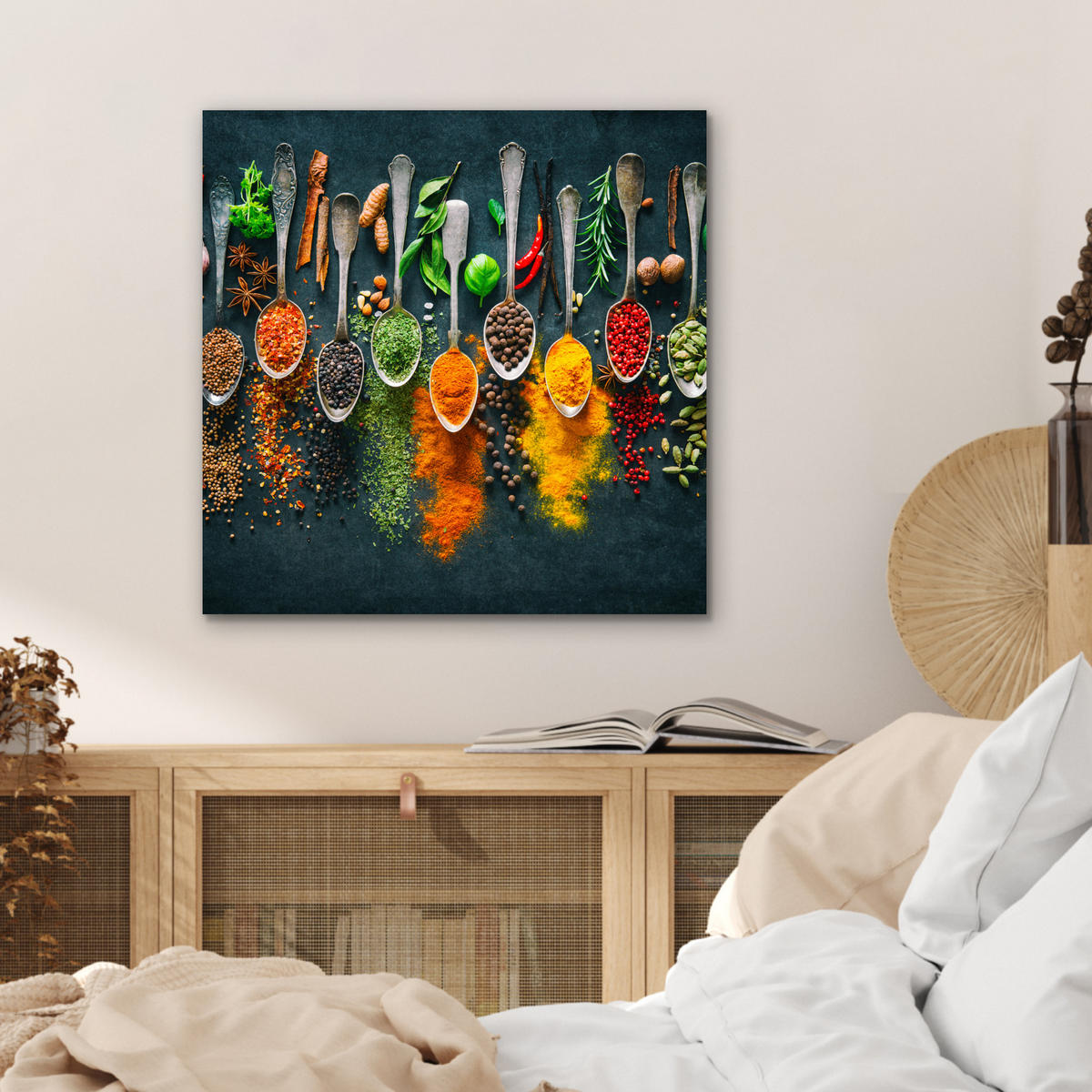 KOVOVÝ OBRAZ Bylinky - korenie - lyžičky 50x50 cm - kari žltá, kov (50/50cm) - MuchoWow
