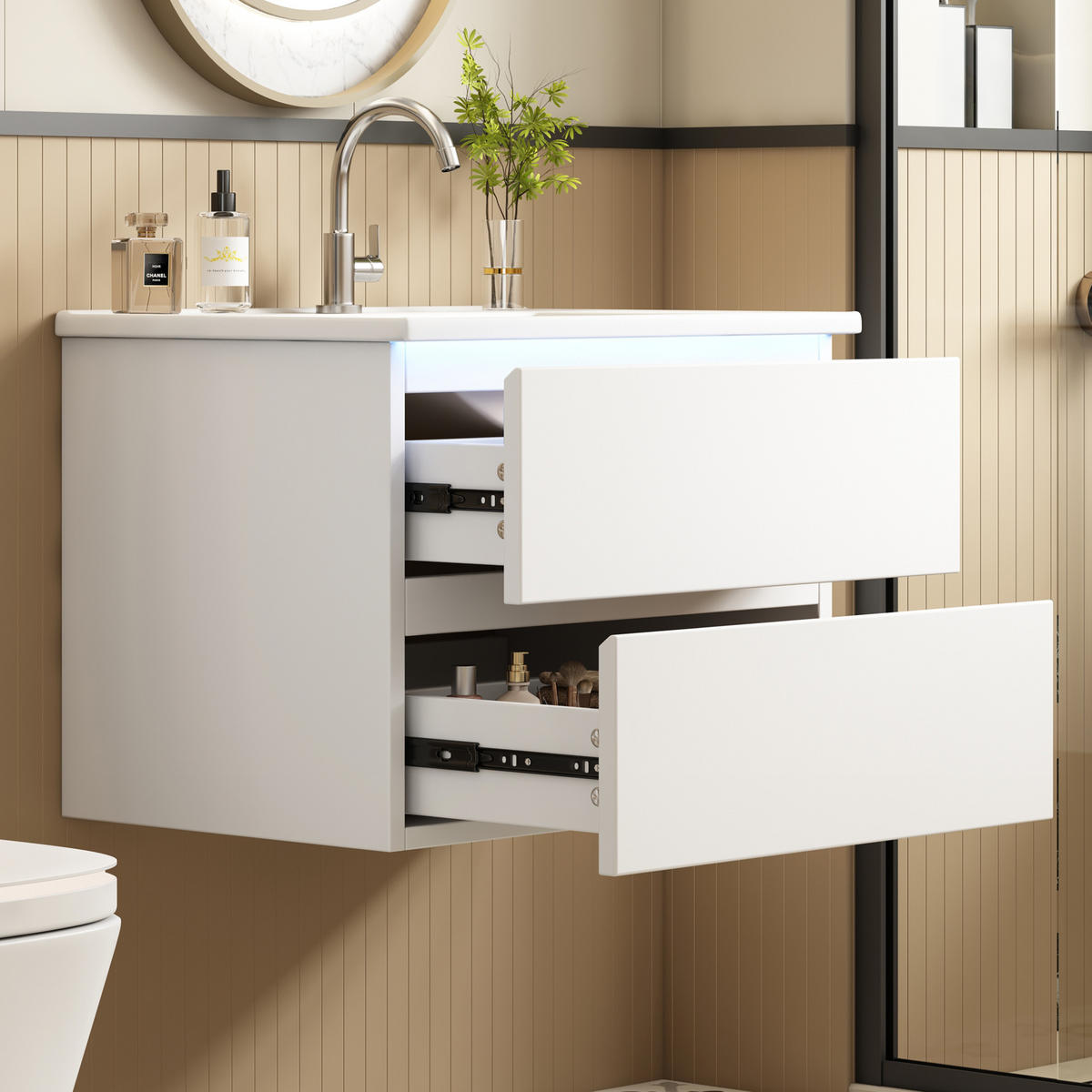 WANDHÄNGENDER 61x46x45 cm Weiß aus Keramik & Spanplatte mit Radarsensor-LED & 2 Schubladen - Weiß, Holzwerkstoff (61/45/46cm) - Modfu