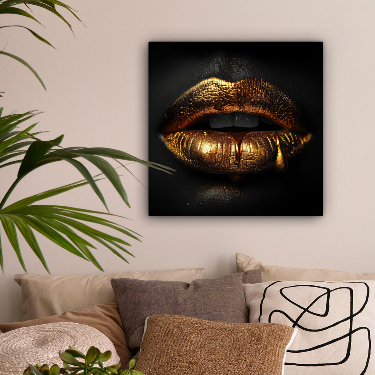 LEINWANDBILD Frau - Porträt - Lippen - Gold - Schwarz 50x50 cm - Schwarz, Textil (50/50cm) - MuchoWow