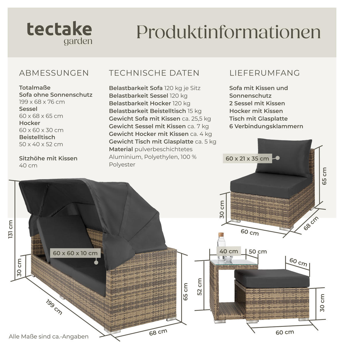 RATTANLOUNGE San Marino,mit Sicherheitsglasplatte, variabel aufstellbar,natur - Naturfarben, Kunststoff (68/131cm) - tectake
