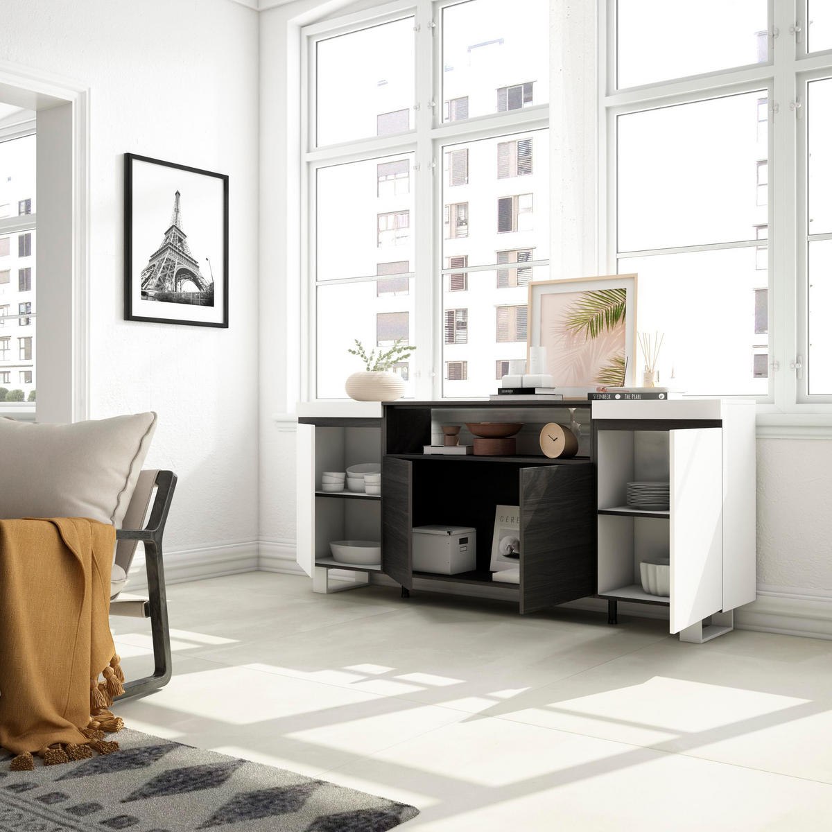 SIDEBOARD weiß und schwarz, 200/35/87cm - Multicolor/Schwarz, Holzwerkstoff (200/87/35cm) - Skraut Home