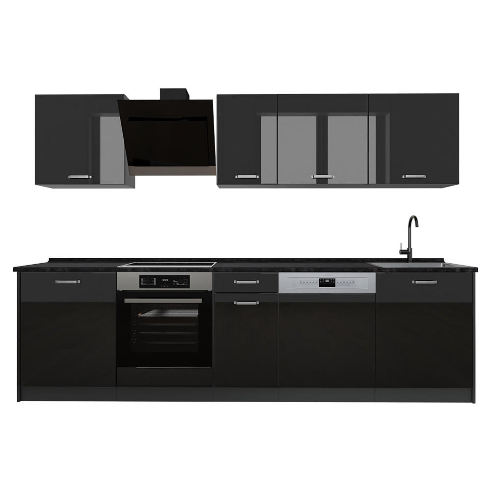 KÜCHENZEILE R-Line, Schwarz Hochglanz/Anthrazit, 280 cm Arbeitsplatte Anthrazit - Schwarz Hochglanz/Anthrazit, Holzwerkstoff (280/206.8/60cm) - Vicco
