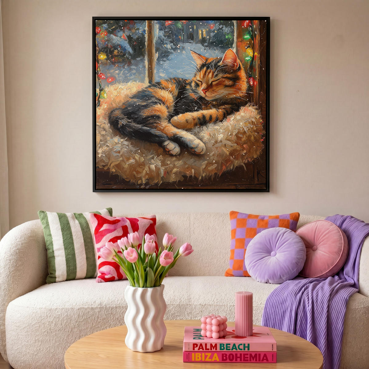 LEINWAND Bilder mit Rahmen - Katze - Weihnachten - Winter - Tier - 90x90 - Bernsteinfarben, Textil (90/90cm) - MuchoWow