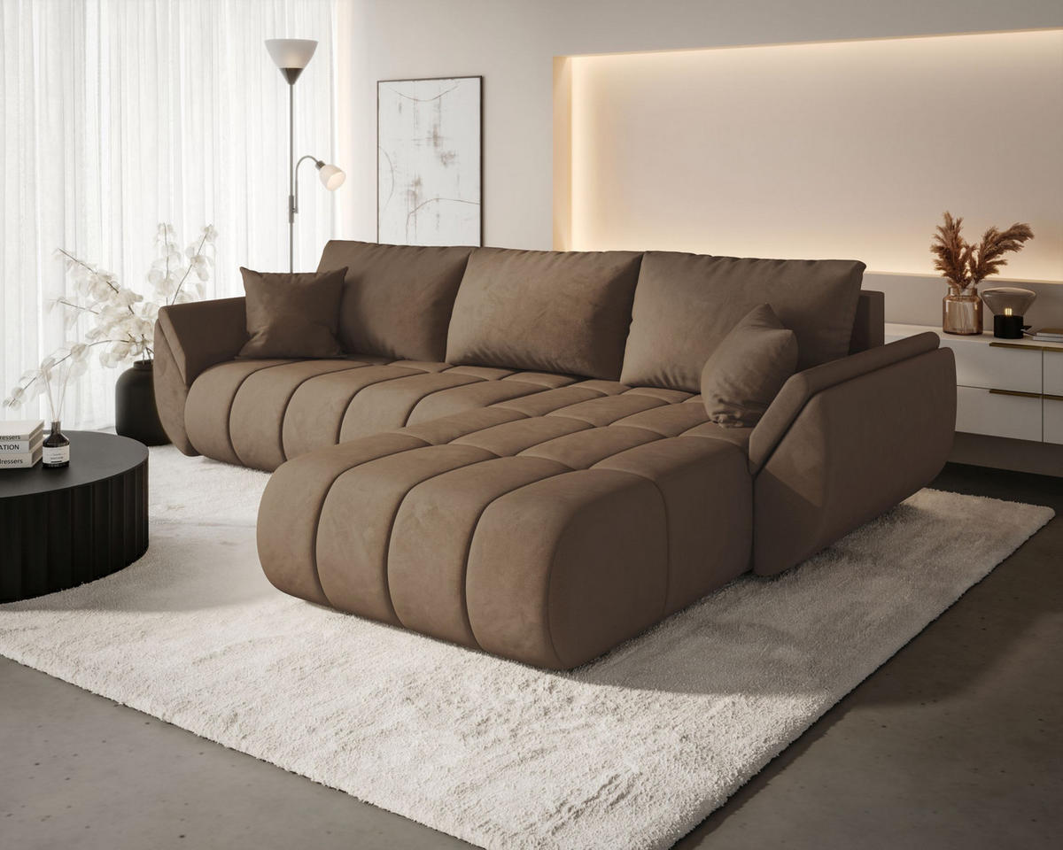 ROHOVÁ pohovka SYDNEY PREMIUM pravá hnědá samet Monolith 9 - funkce spaní, úložný prostor - hnědá, textil (280/185cm) - Cornero
