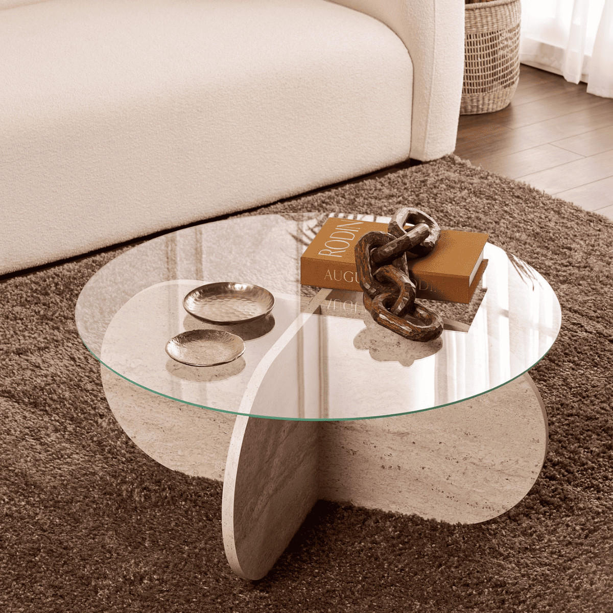 COUCHTISCH mit gekreuzten Beinen und gehärteter Glasplatte 75/75/35 cm - Beige, Holzwerkstoff (75/75/35cm) - Calicosy