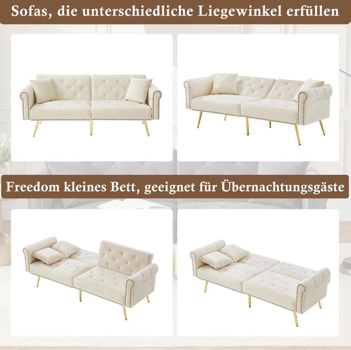 SCHLAFSOFA 2-Sitzer Samt mit 3-fach verstellbarer Rückenlehne Beige 173/75/70 cm - Beige, Textil (70/173/75cm) - Redom