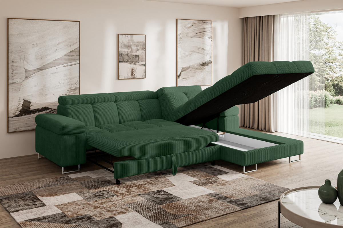 ECKSOFA mit Schlaffunktion Ottomane Rechts COMA L 271x203x79 Grün Cord - Waldgrün, Holzwerkstoff/Textil (203/271cm) - ALTDECOR