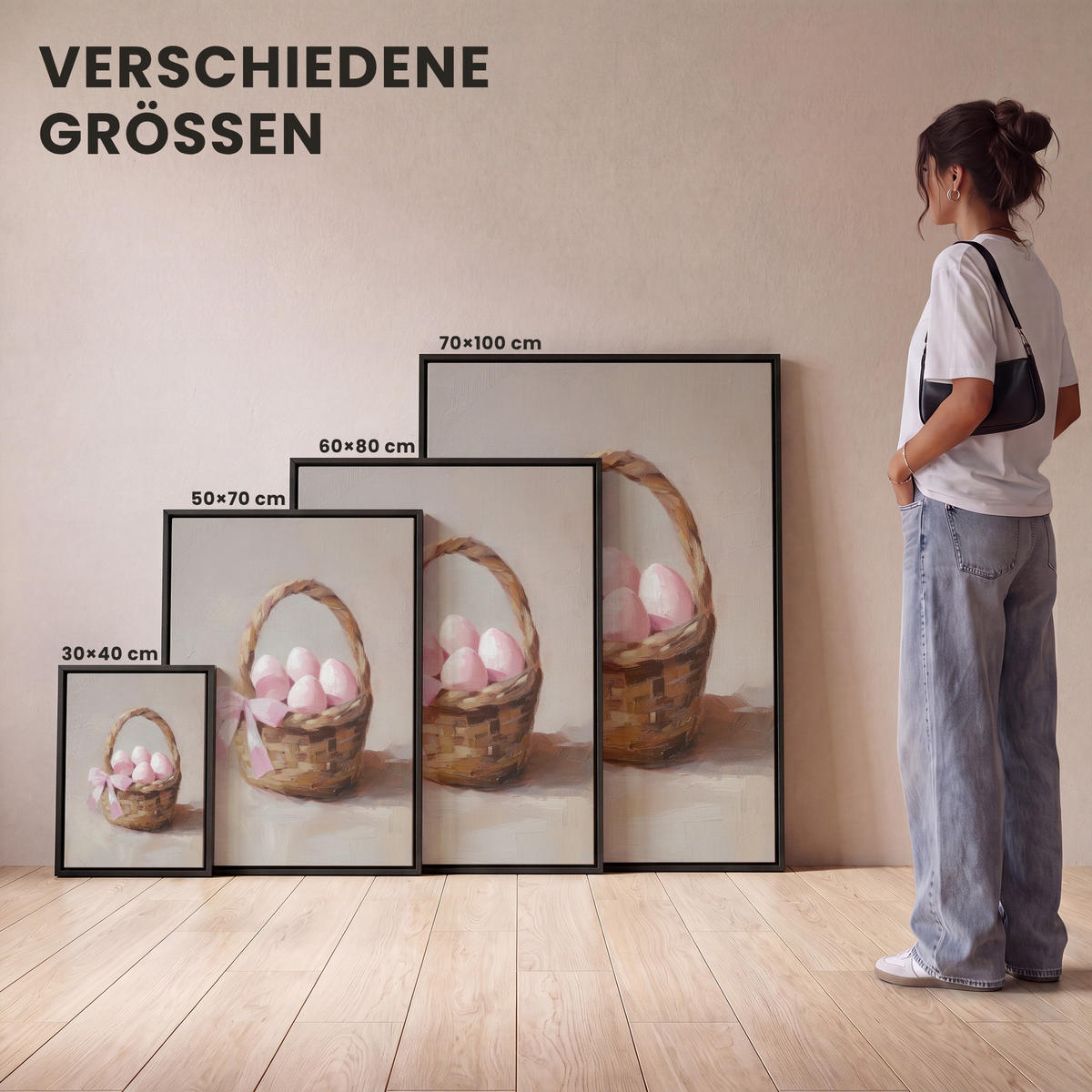 LEINWAND Bilder mit Rahmen - Korb - Eier - Rosa - 60x80 - Beige, Textil (60/80cm) - MuchoWow