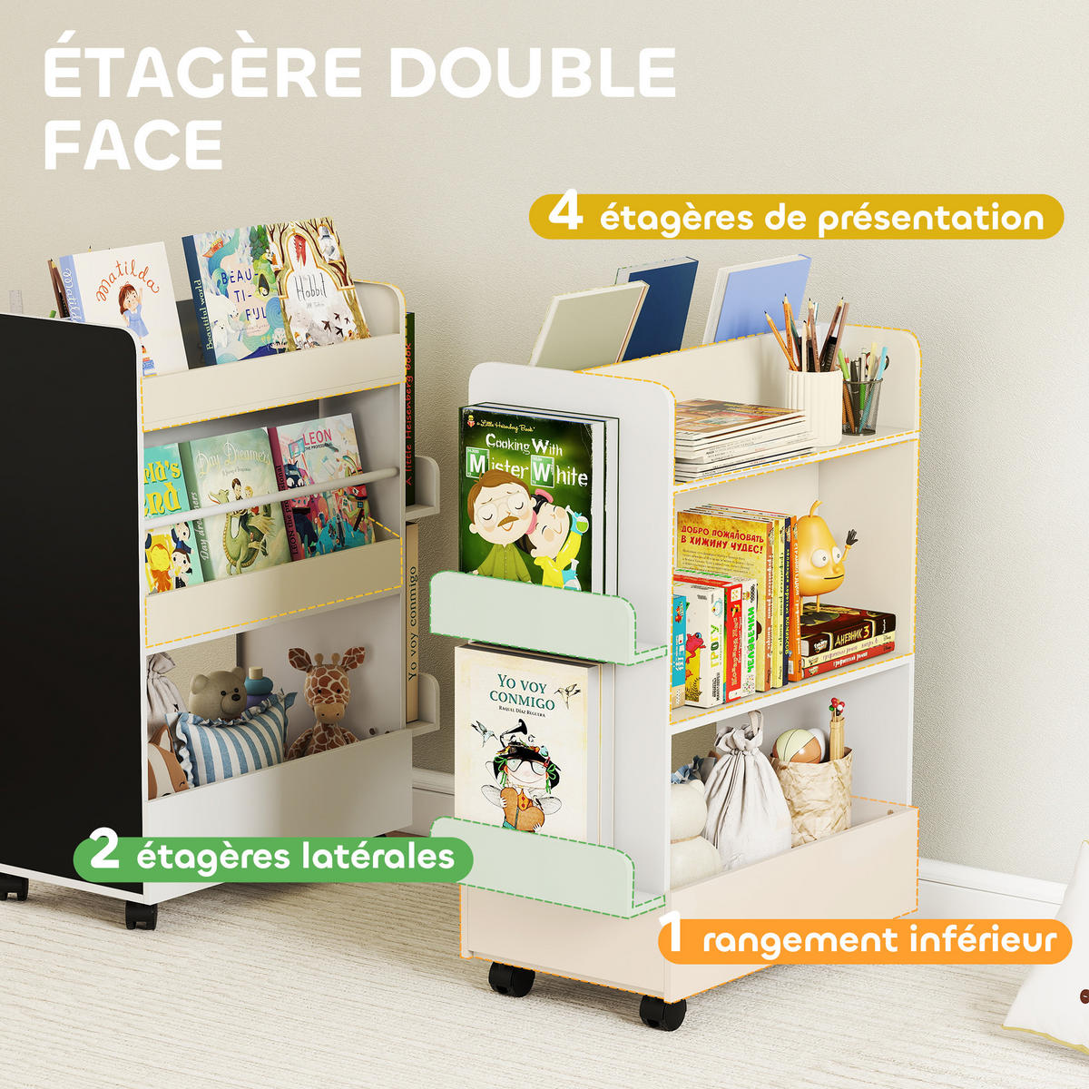 KINDERREGAL Weiß 66,5/32,5/86,5 cm mit Rollen und Kreidetafel - Weiß, Holzwerkstoff (66.5/86.5/32.5cm) - PANGIVO