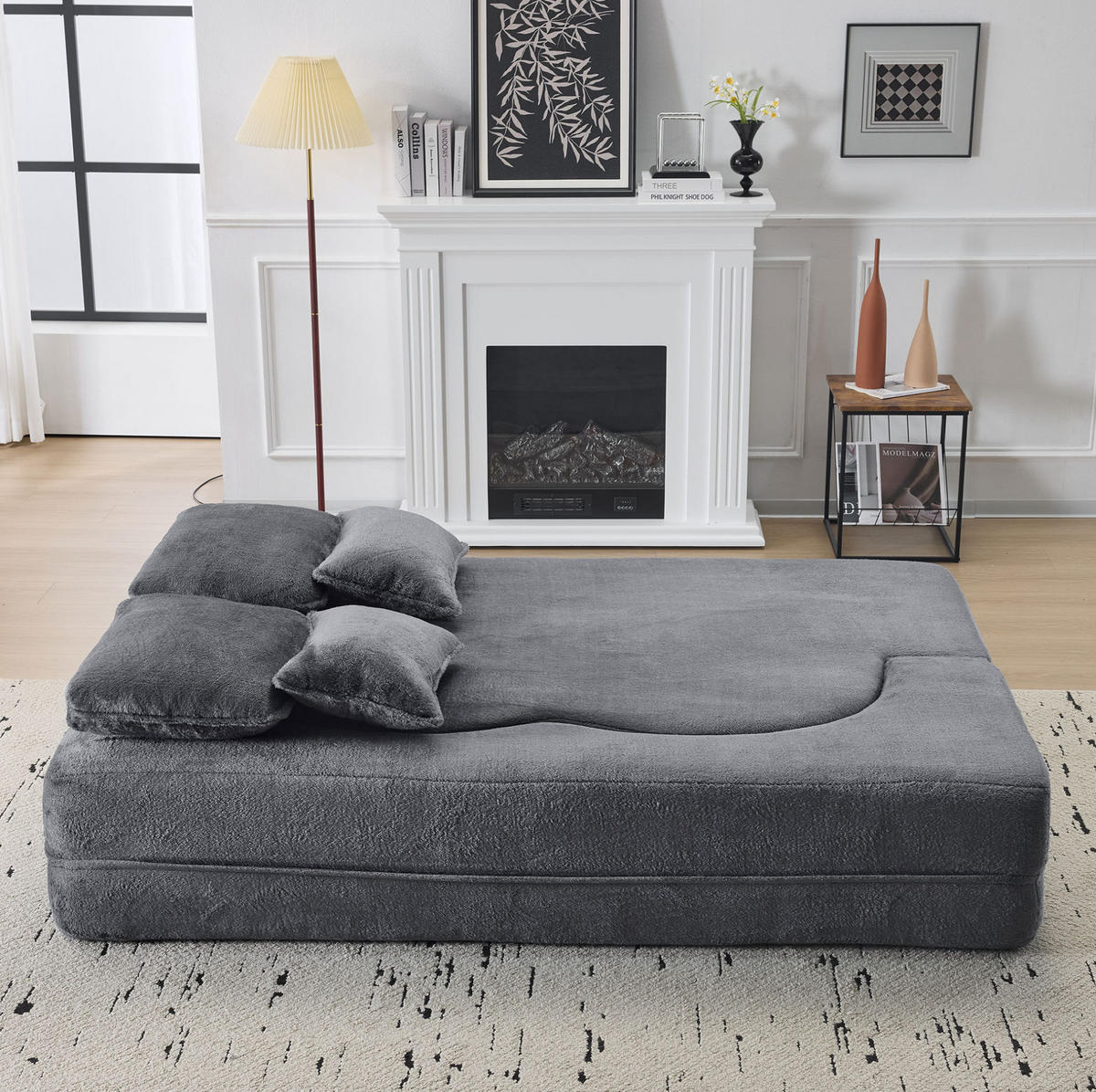 SCHLAFSOFA aus Schaumstoff und Federkern Blau/Grau klappbar mit 4 Kissen und multifunktionaler Nutzung - Grau, Kunststoff (198/76/60cm) - Modfu
