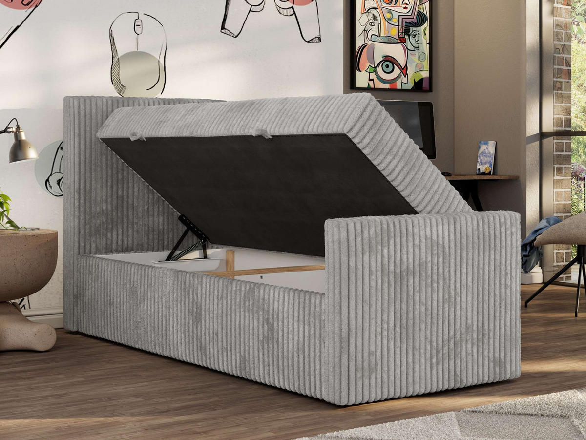 JUGENDBETT TILIO DUO 90/200 - Hellgrau Cord - H4 - Links Seite - Hellgrau, Textil (90/200cm) - MKS