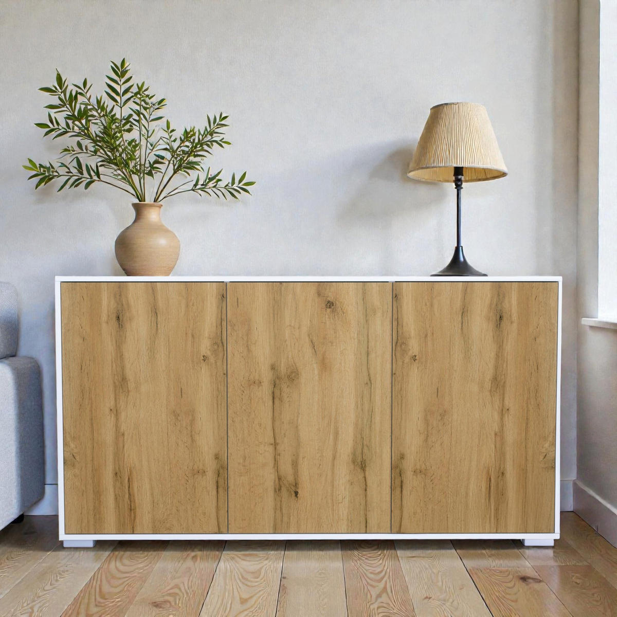 SIDEBOARD Elena, Kommode mit Push-to-Open, Made in Germany, Moderner Schrank, Weiß matt/Eiche Evoke (152,5 x 83 x 37 cm) - Eiche Wotan, Holzwerkstoff (152.5/83/37cm) - InnoFurn