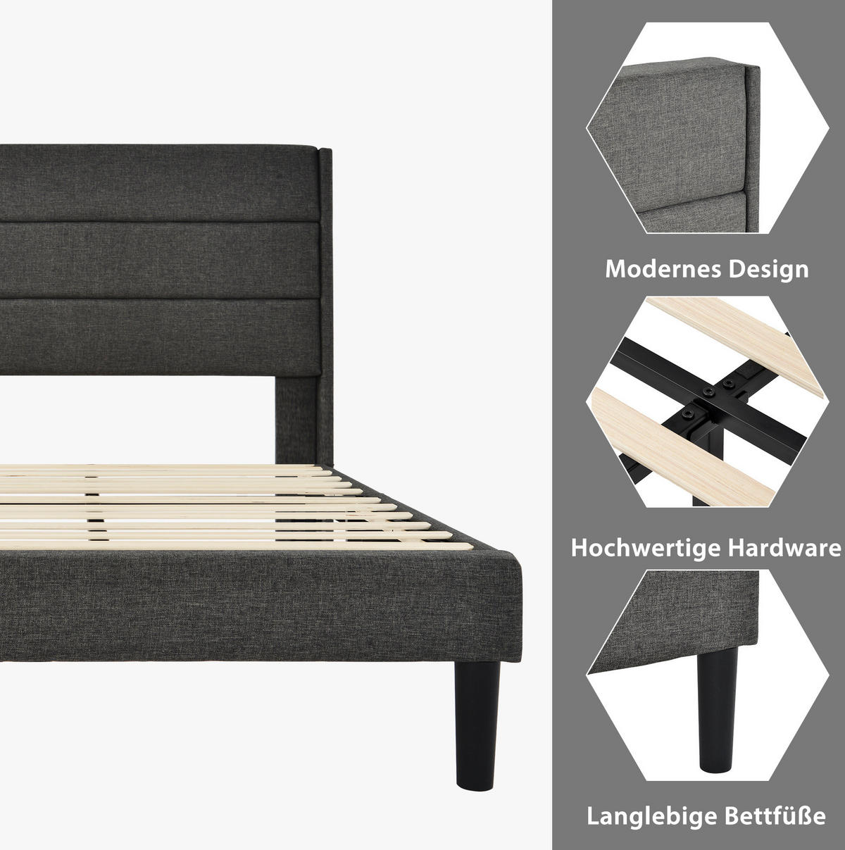 POLSTERBETT 90/200 cm Dunkelgrau aus Leinen mit Lattenrost - Dunkelgrau, Textil (90/200cm) - OKMYHOME