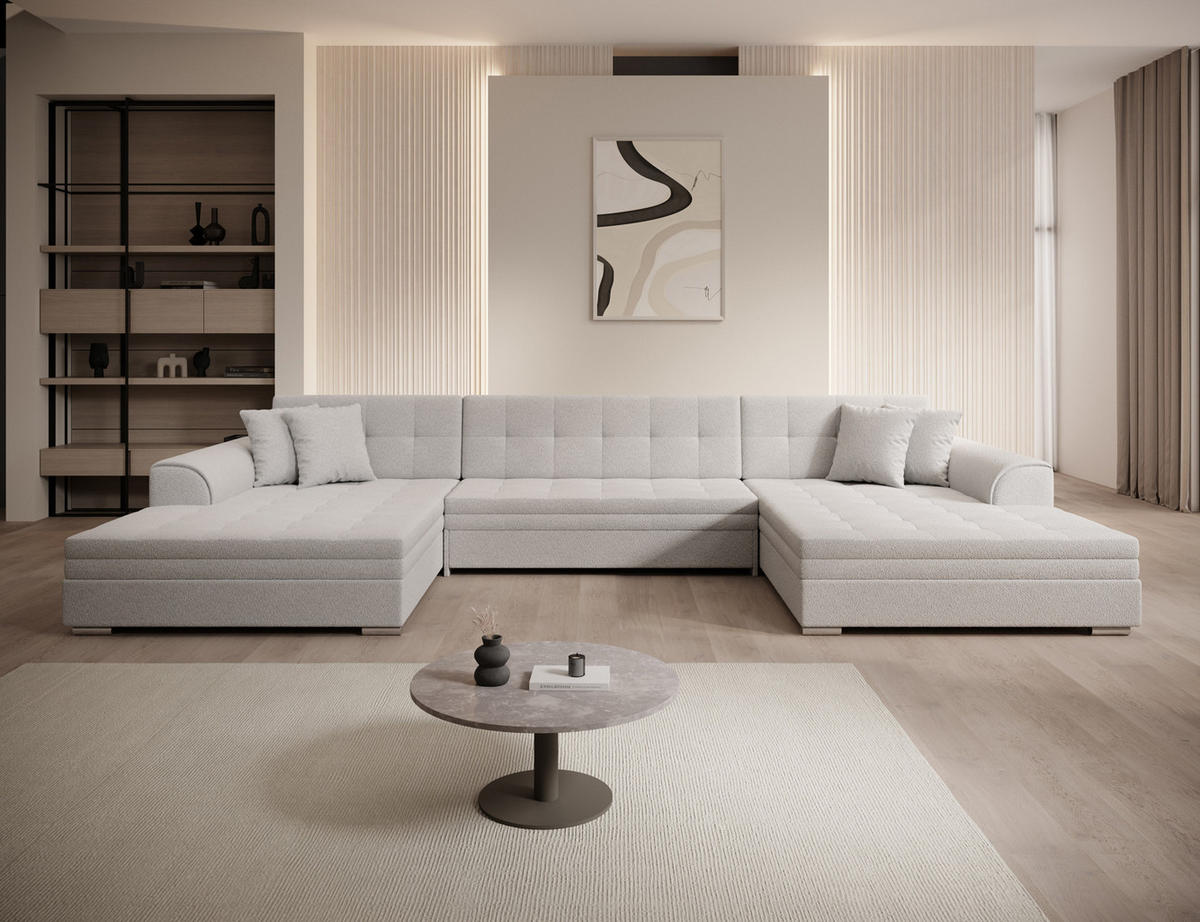 WOHNLANDSCHAFT VENTO U-Form – Großzügiges Ecksofa mit Schlaffunktion & Kissen 359 cm - Weiß, Kunststoff (359/165cm) - Wohnideebilder