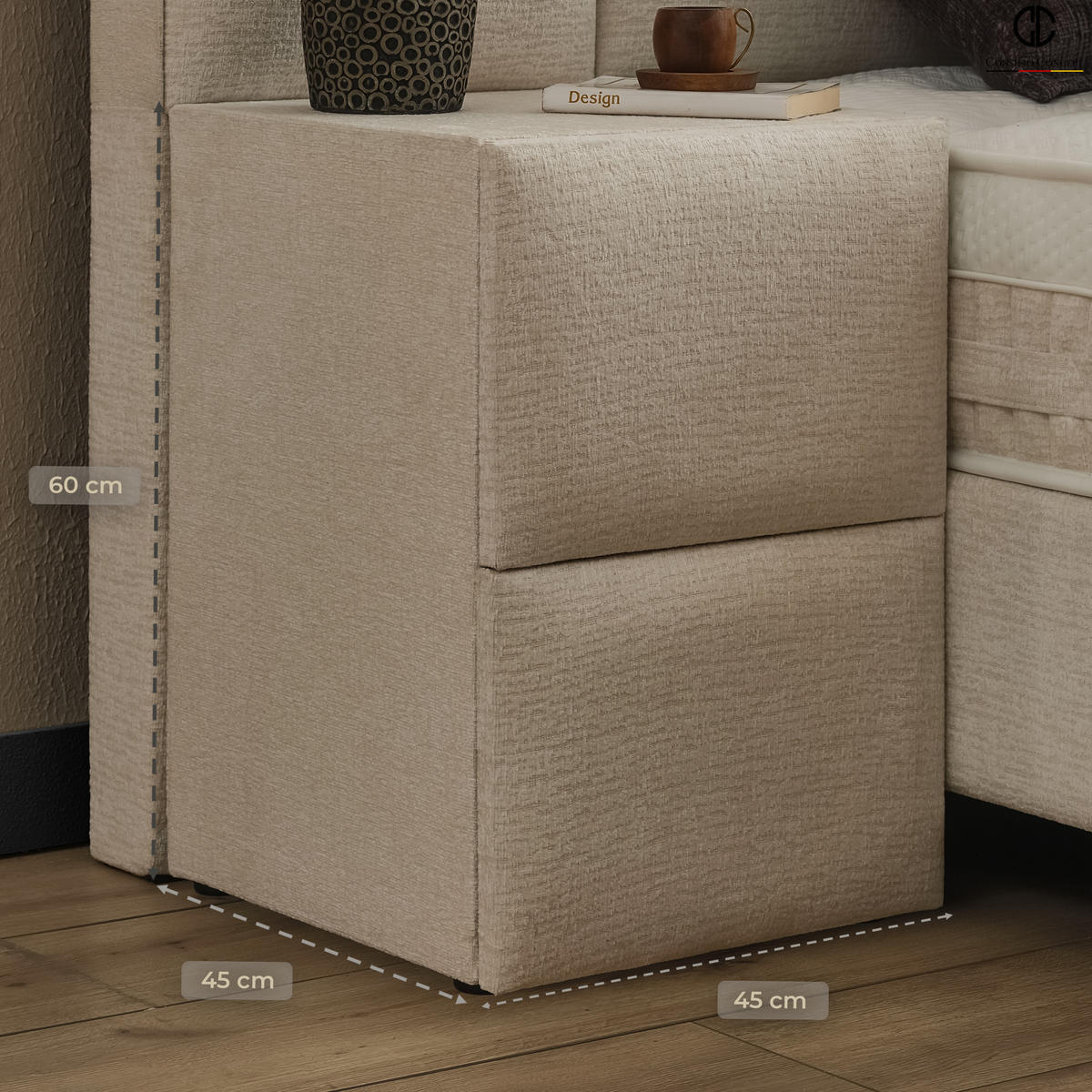 NACHTTISCH CANNES 45/45/60 cm, Ivory, zwei Schubladen - Creme/Schwarz, Holz/Kunststoff (45/60/45cm) - Consilio Concept