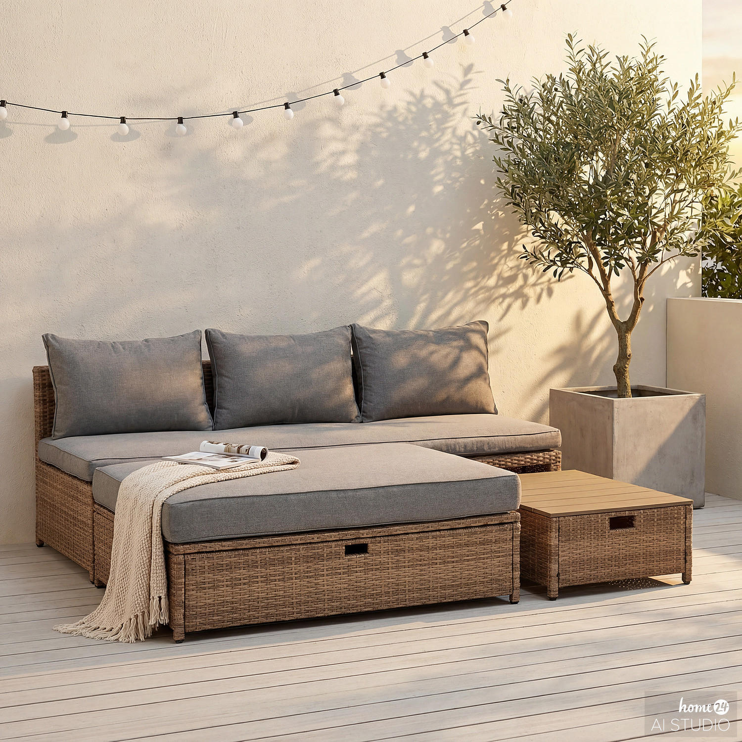 LOUNGESET 3-teilig - Polyrattan / Webstoff - Braun / Grau - Braun/Grau, Naturmaterialien/Textil - home24