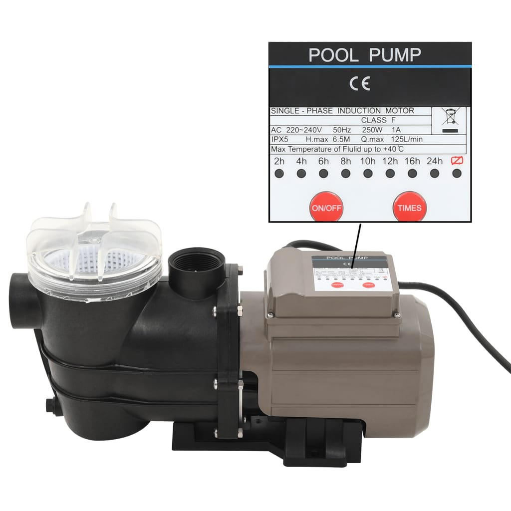 POOLPUMPE Mit Timer Schwarz 0,25 PS 8000 L/H - Schwarz, Kunststoff (15.2/23.4/41.1cm) - vidaXL