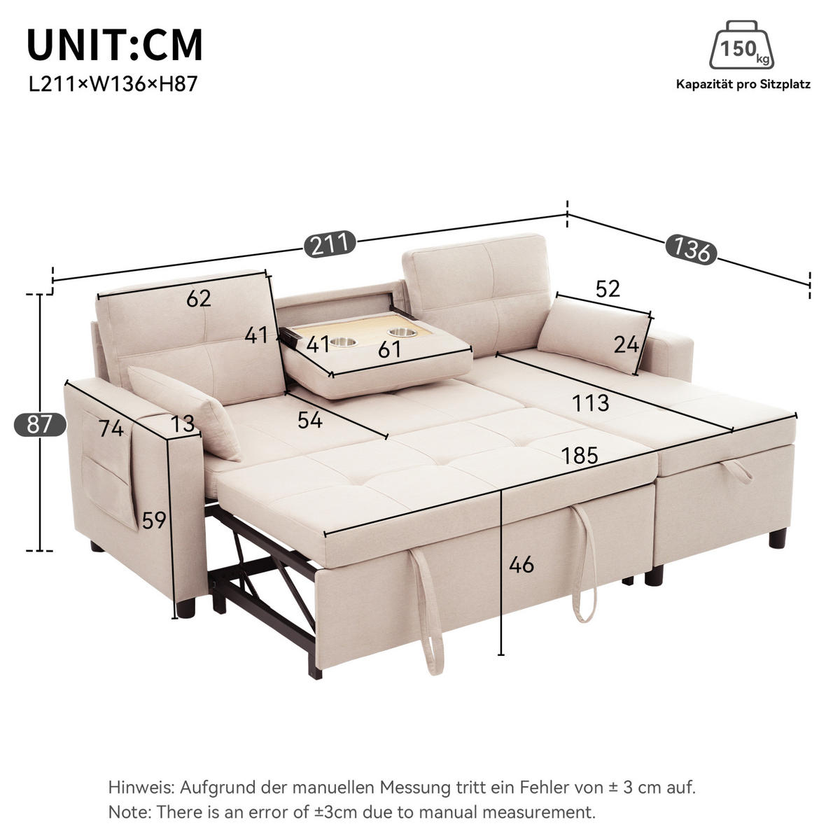 SCHLAFSOFA 211/136 cm in Beige – mit Bettkasten und Chaiselongue - Beige, Textil (136/87/211cm) - BEAOK