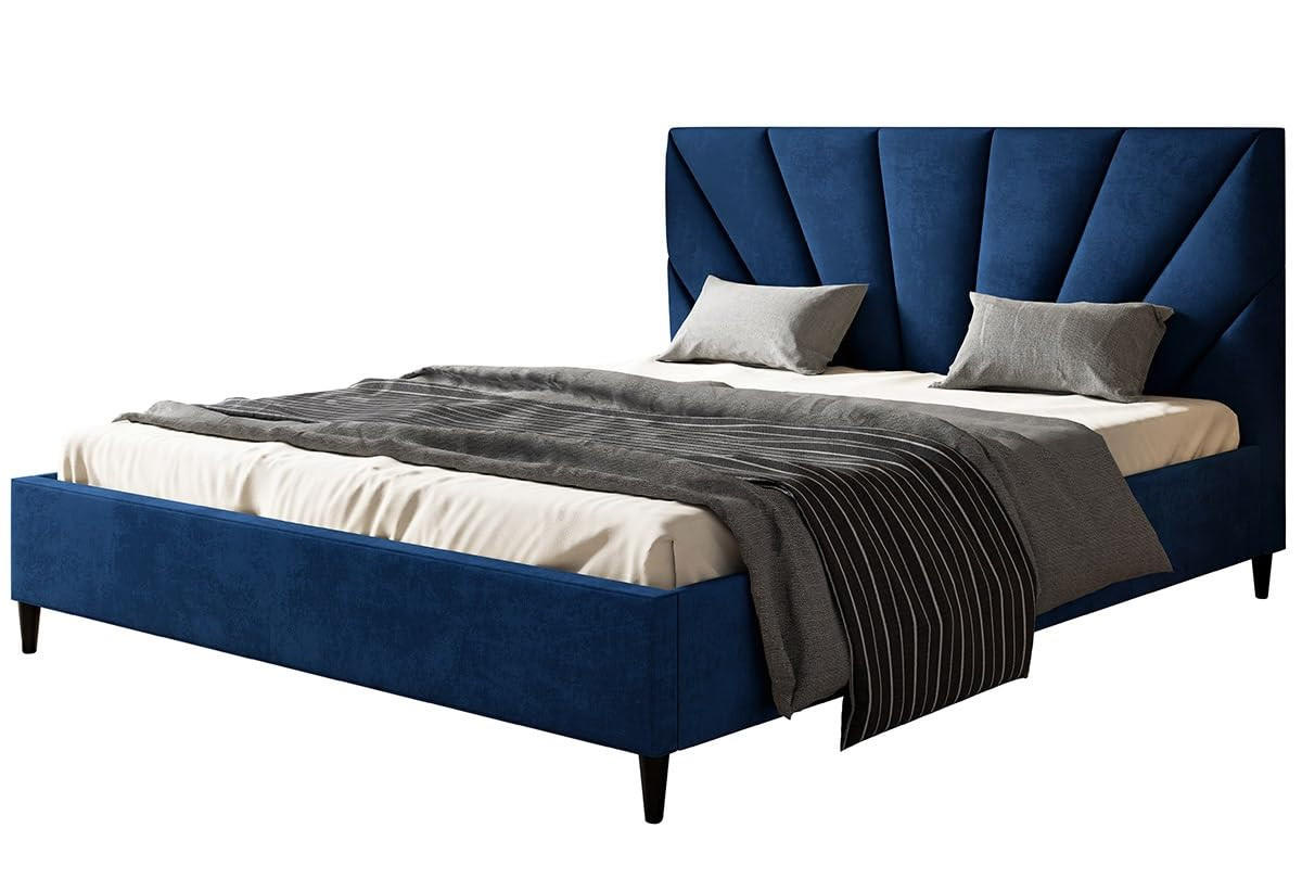 POLSTERBETT LUX Denver mit Kopfteil, 160 x 200 cm, Doppelbett mit Lattenrost aus Holz, Velourstoff Blau, Füße in Farbe: Schwarz - Blau, Holz/Textil (160/200cm) - Alpi-Möbel