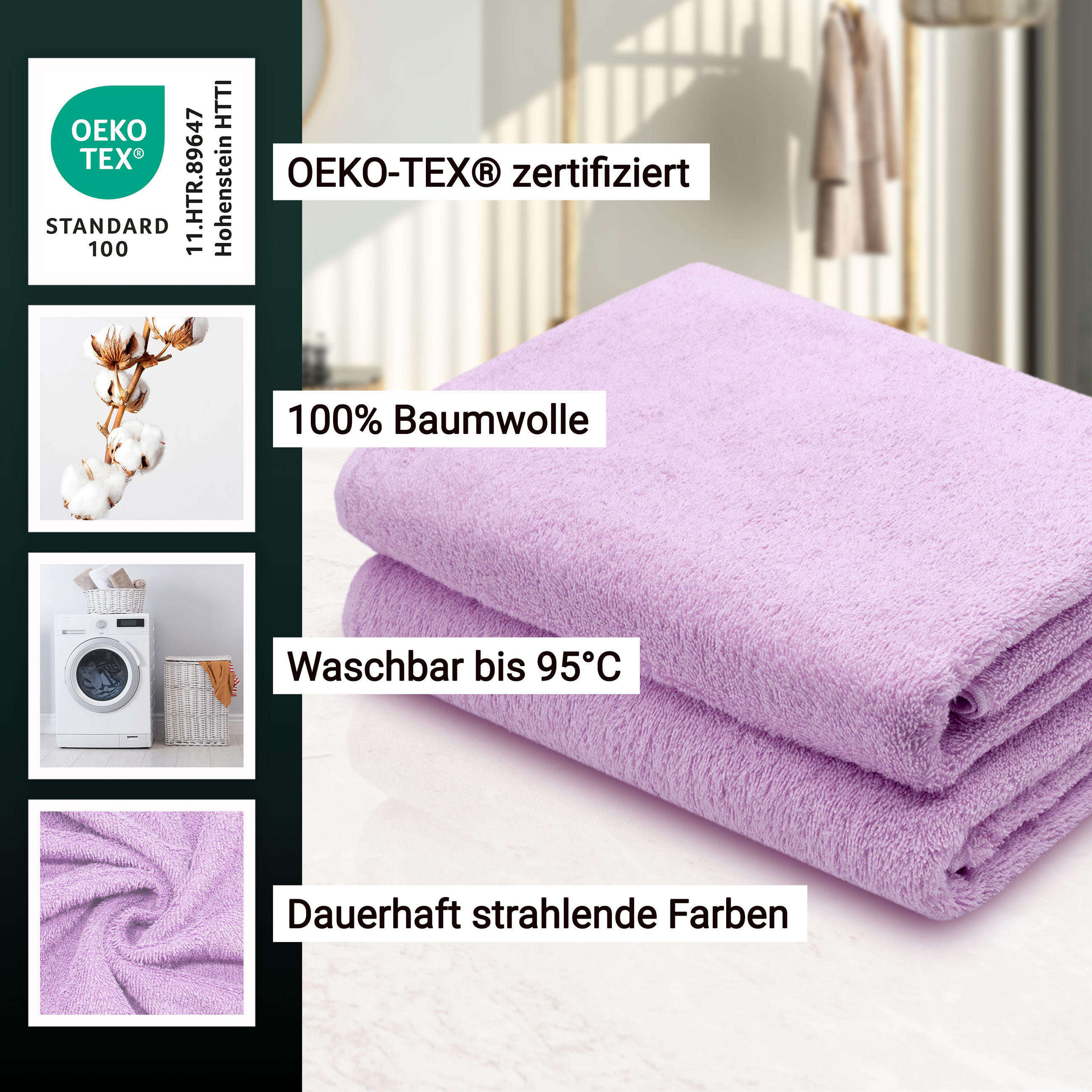 DUSCHTÜCHER, 2er-Set, 70x140 cm, 100% Baumwolle, Lila - Flieder, Textil (70/140cm) - Zollner