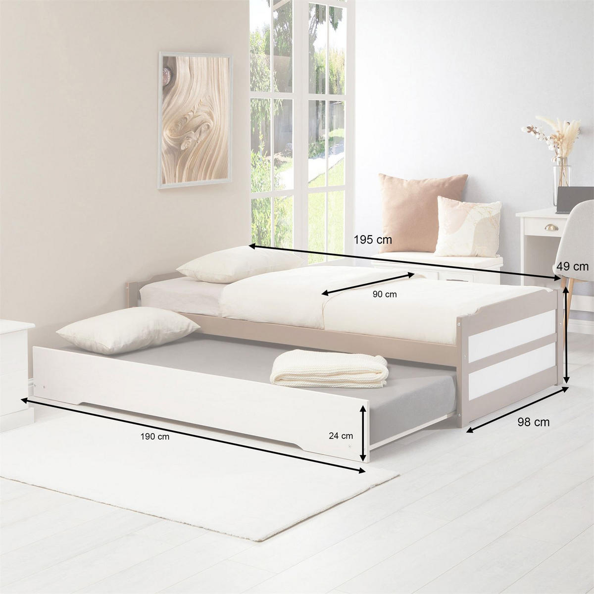 TANDEMBETT LORENA 90x190 cm taupe/weiß - Taupe/Weiß, Holz (90/190cm) - IDIMEX