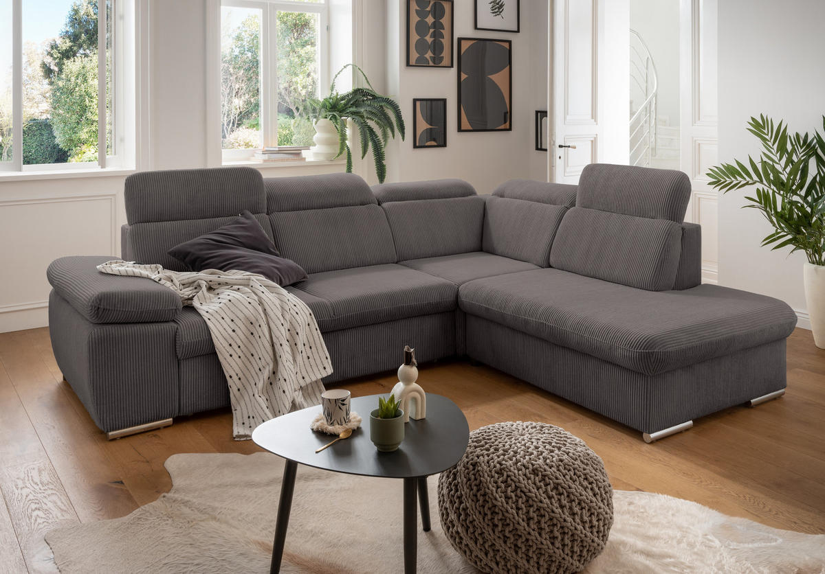 ECKSOFA mit Schlaffunktion, Bettkasten, Kopfstützen verstellbar, Wellenunterfederung, Ottomane rechts B283/T228/H102 cm, Cord Grau Anthrazit / 17217 - Chromfarben/Schieferfarben, Textil/Metall (283/228cm) - luma-home