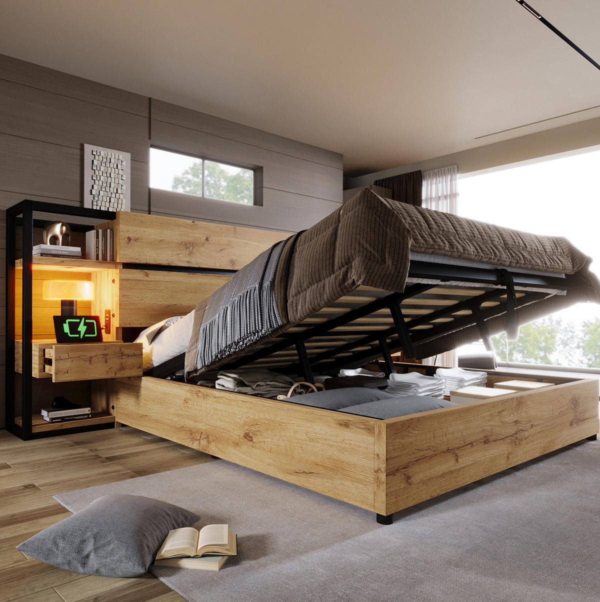 MANŽELSKÁ postel 160/200 cm dubová z MDF a kovu s úložným prostorem a USB nabíjením - barva dubu, kompozitní dřevo (160/200cm) - OKWISH